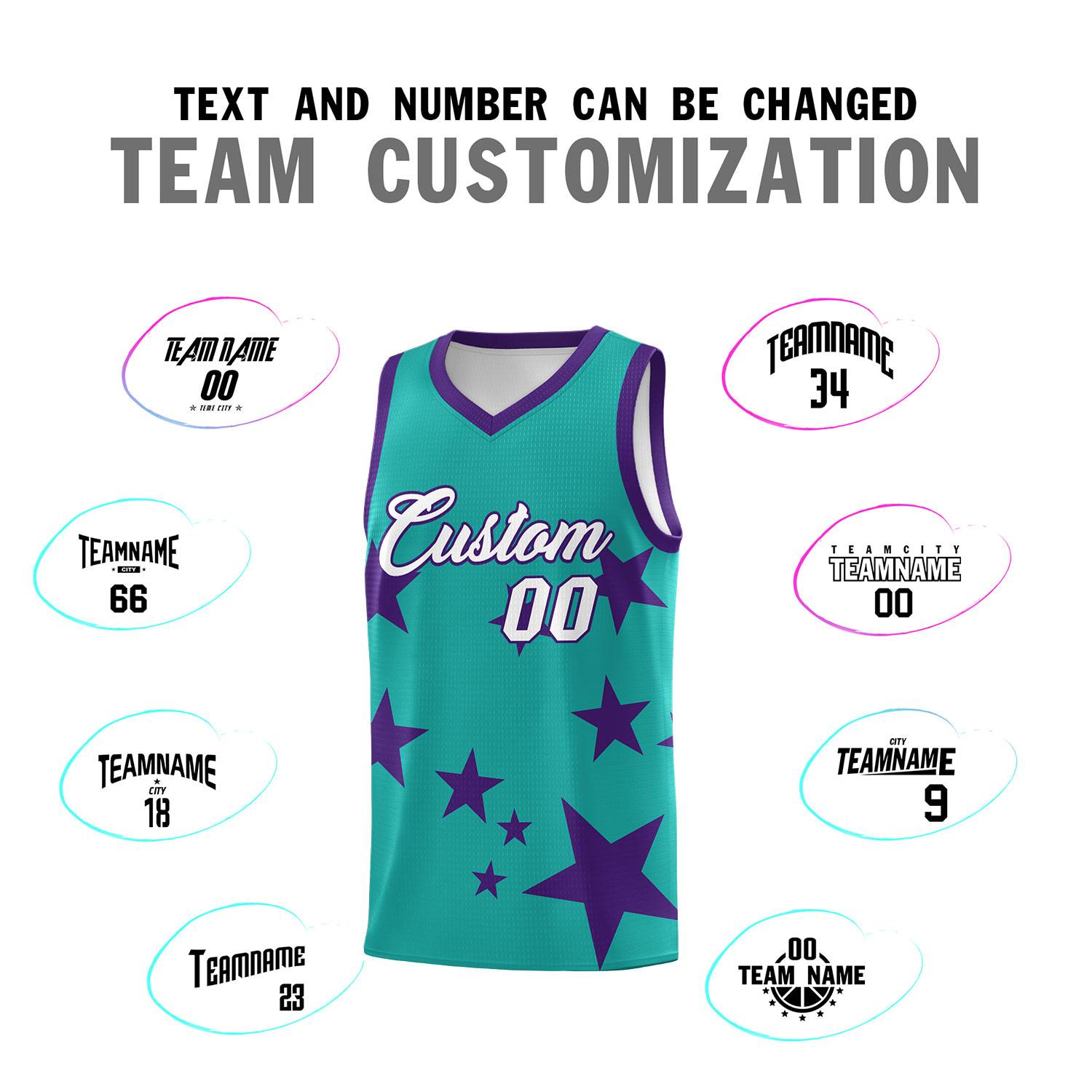 Custom Aqua Purple Graffiti Pattern Star Print Basketball Jersey Sets