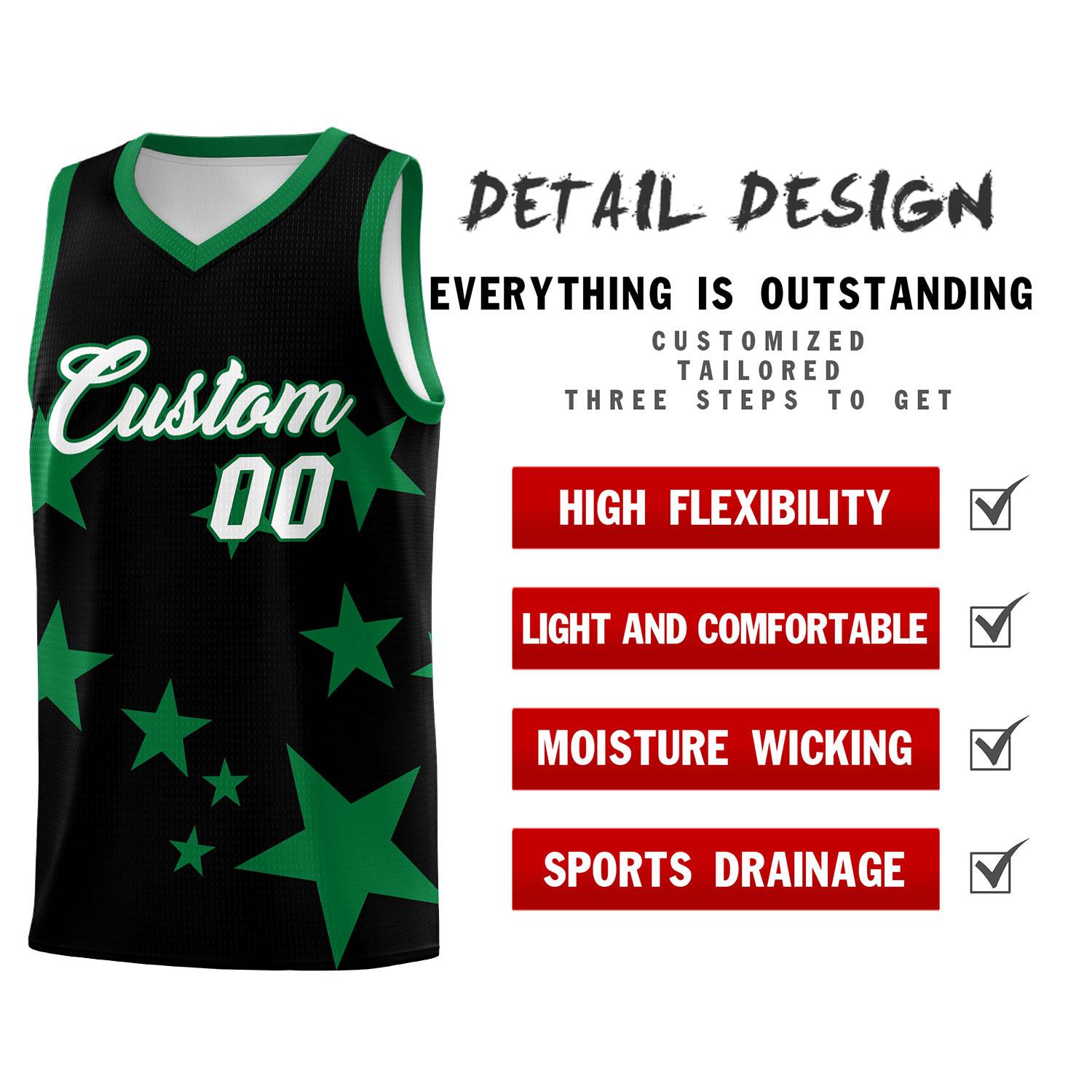 Custom Black Kelly Green Graffiti Pattern Star Print Basketball Jersey Sets