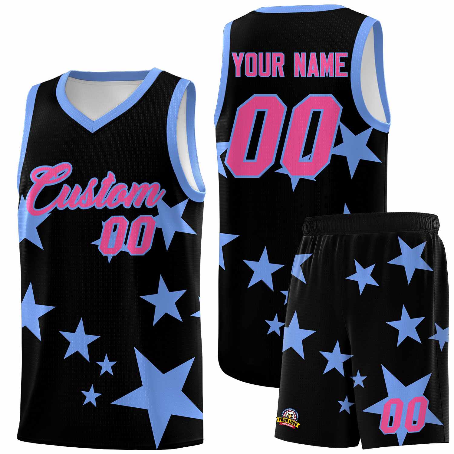 Custom Black Light Blue Graffiti Pattern Star Print Basketball Jersey Sets