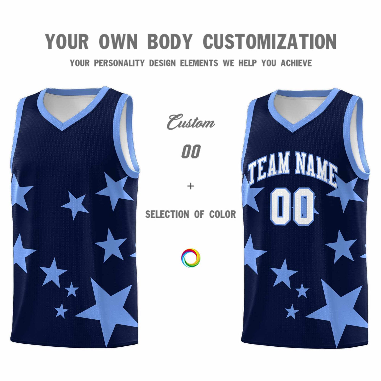 Custom Navy Light Blue Graffiti Pattern Star Print Basketball Jersey Sets