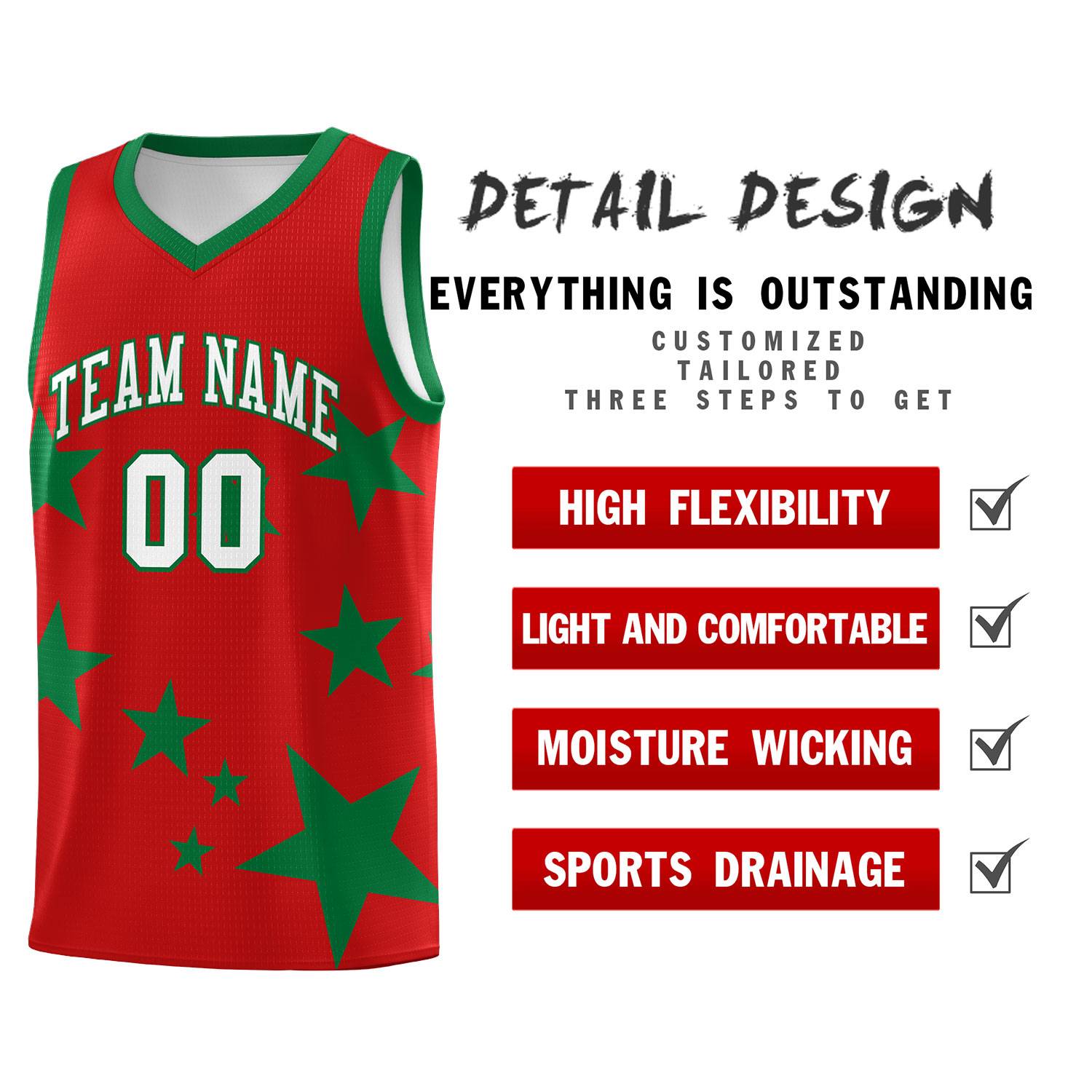 Custom Red Kelly Green Graffiti Pattern Star Print Basketball Jersey Sets