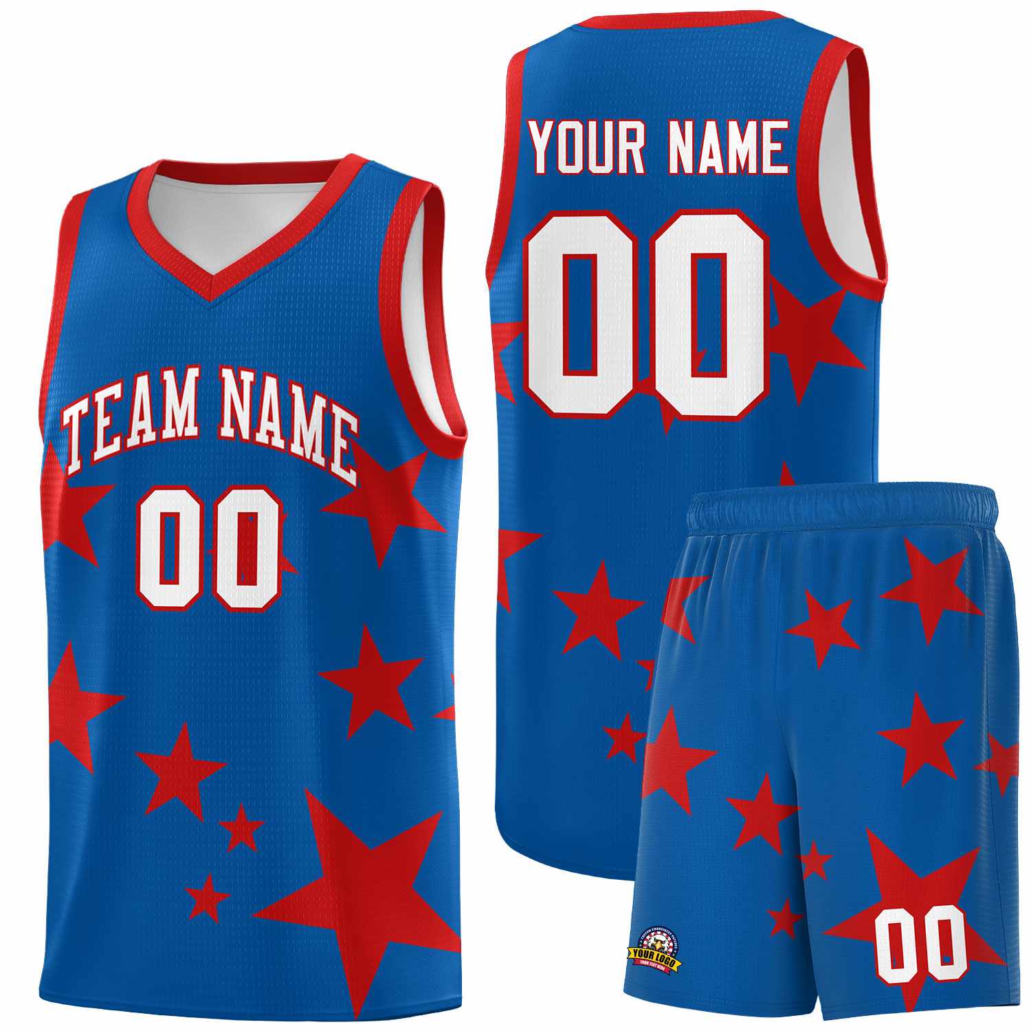 Custom Royal Red Graffiti Pattern Star Print Basketball Jersey Sets