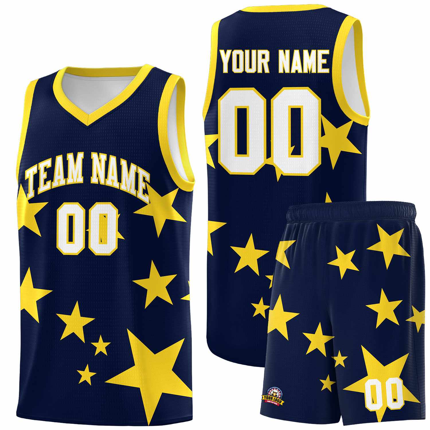 Custom Navy Gold Graffiti Pattern Star Print Basketball Jersey Sets