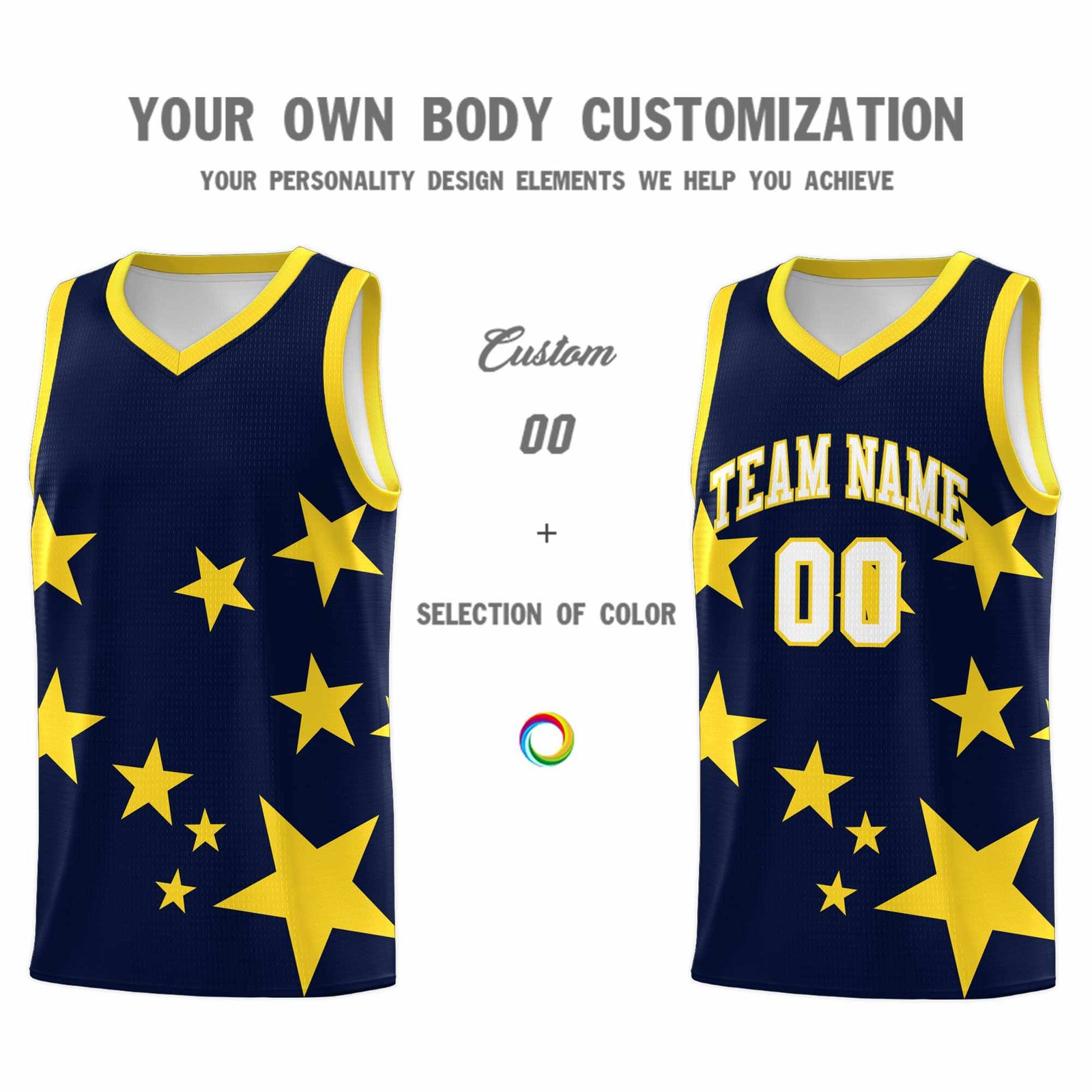 Custom Navy Gold Graffiti Pattern Star Print Basketball Jersey Sets