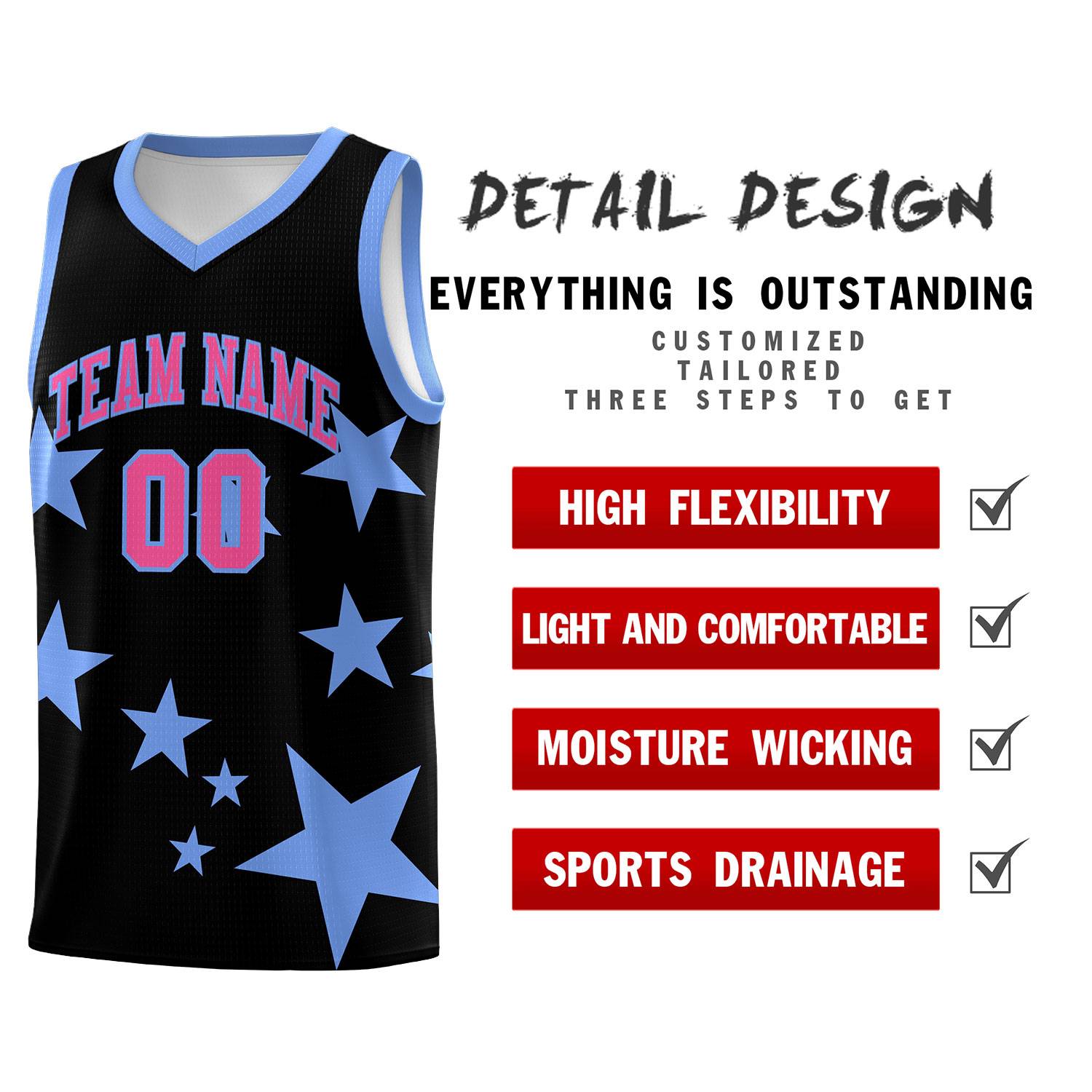 Custom Black Light Blue Graffiti Pattern Star Print Basketball Jersey Sets