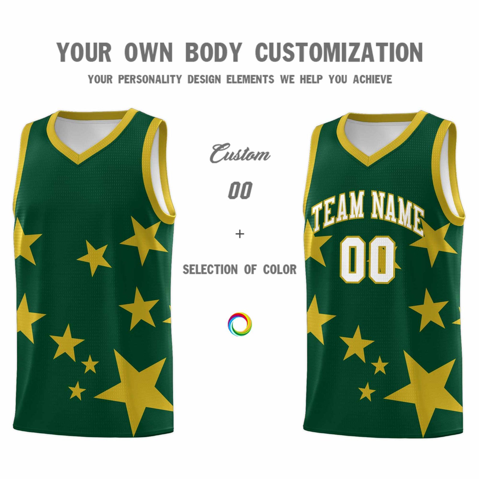 Custom Green Old Gold Graffiti Pattern Star Print Basketball Jersey Sets