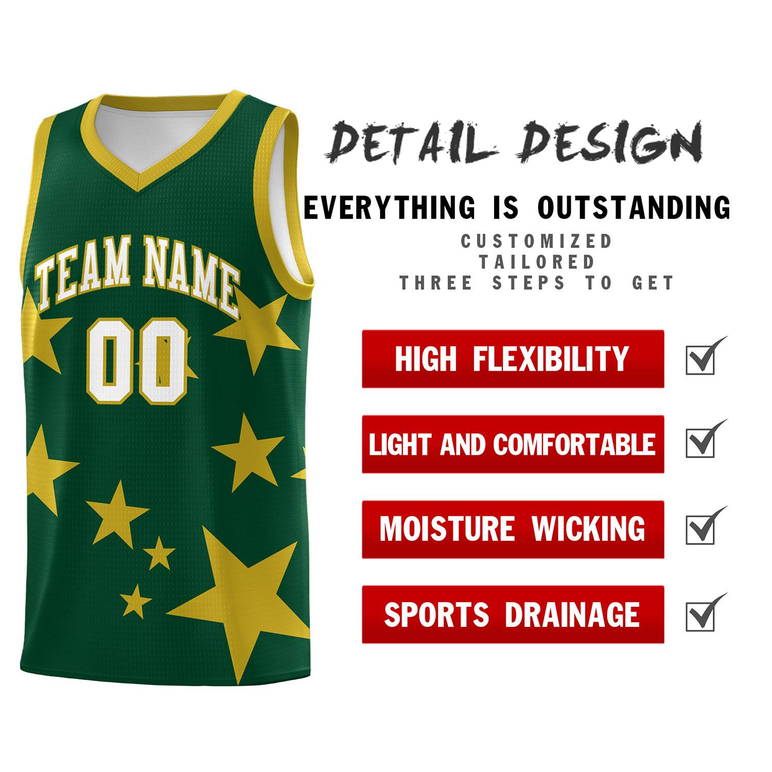Custom Green Old Gold Graffiti Pattern Star Print Basketball Jersey Sets