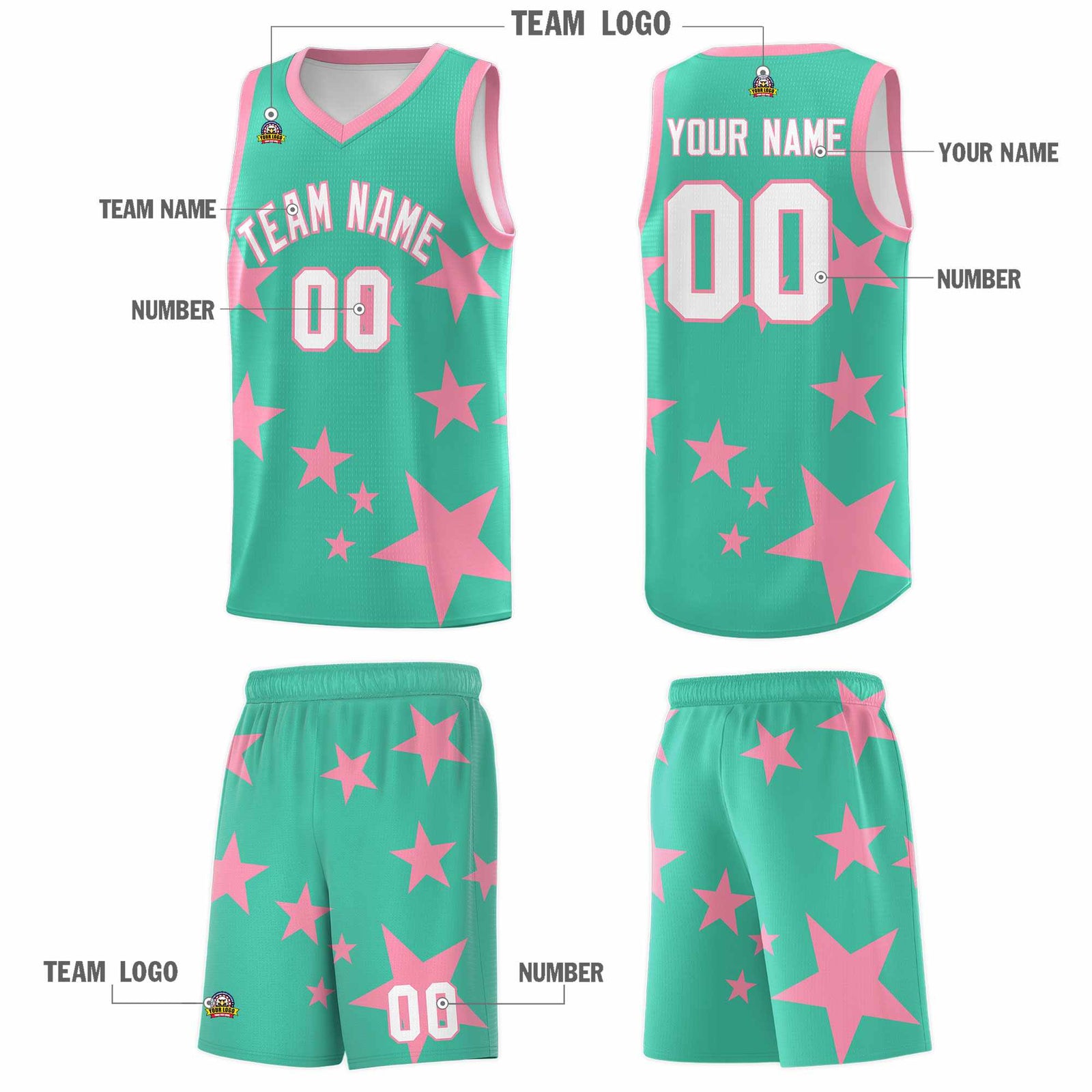 Custom Bright Green Light Pink Graffiti Pattern Star Print Basketball Jersey Sets