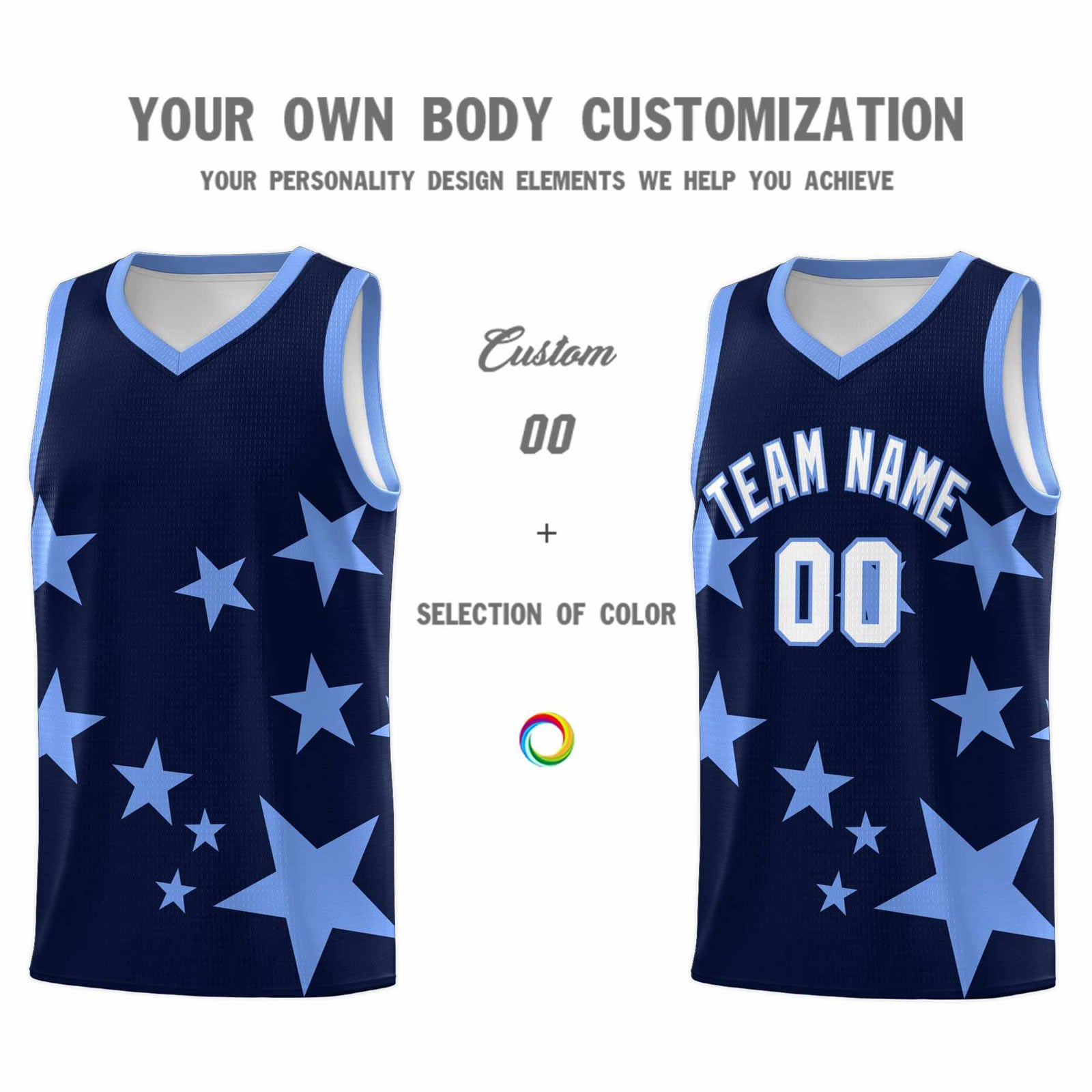 Custom Navy Light Blue Graffiti Pattern Star Print Basketball Jersey Sets