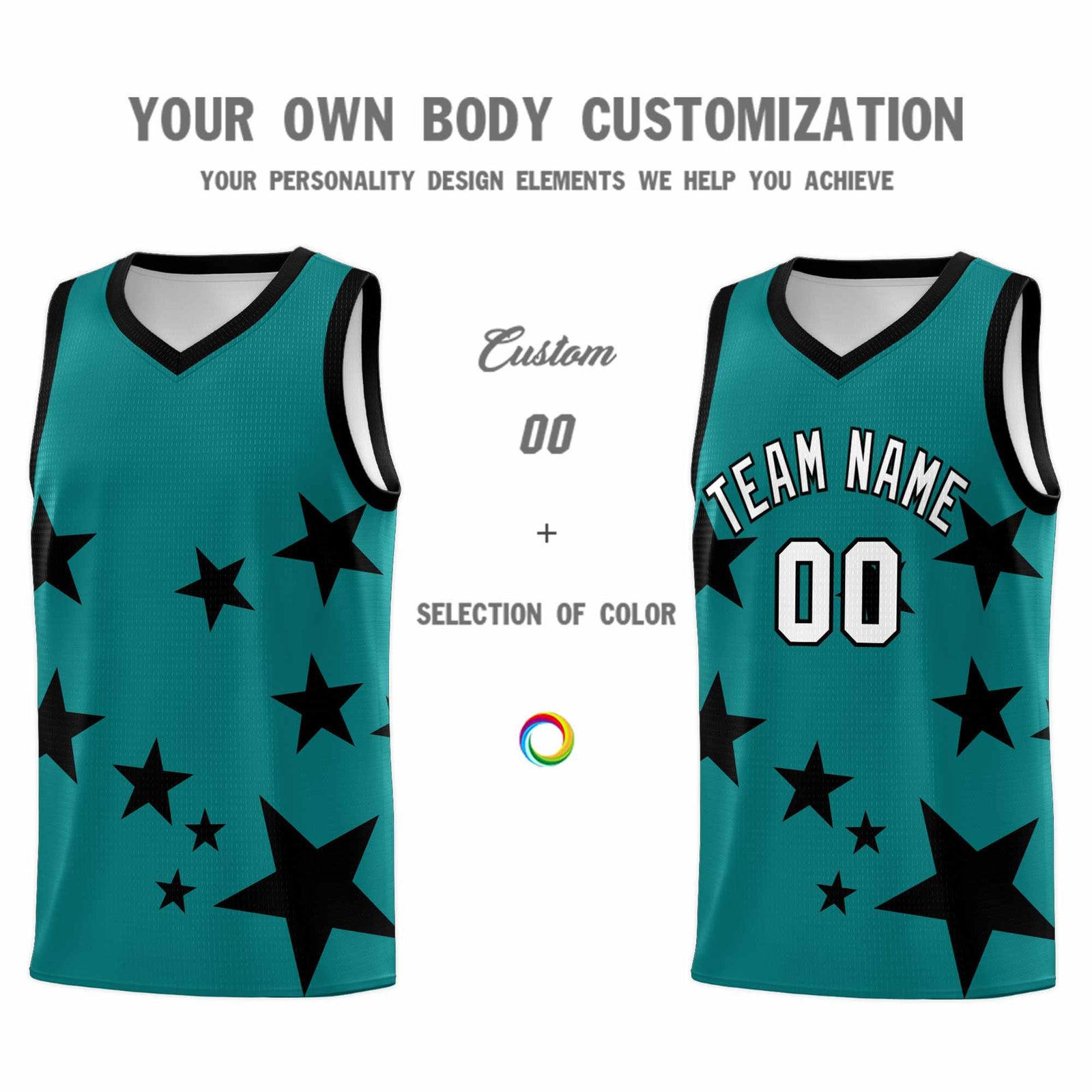 Custom Aqua Black Graffiti Pattern Star Print Basketball Jersey Sets
