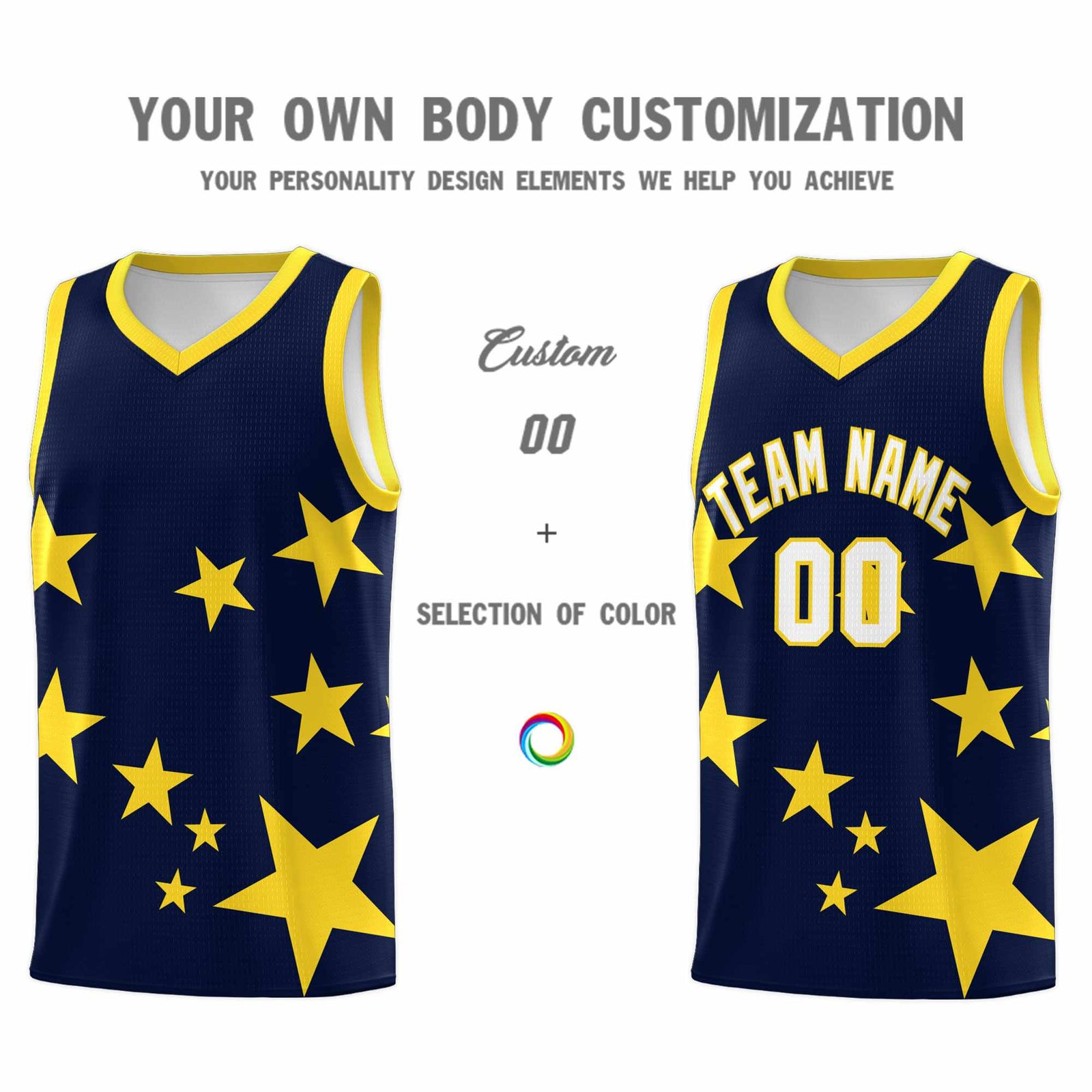 Custom Navy Gold Graffiti Pattern Star Print Basketball Jersey Sets