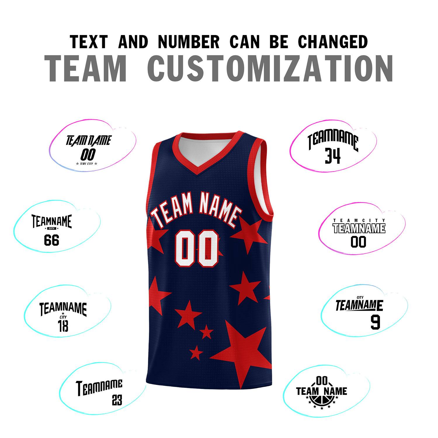Custom Navy Red Graffiti Pattern Star Print Basketball Jersey Sets