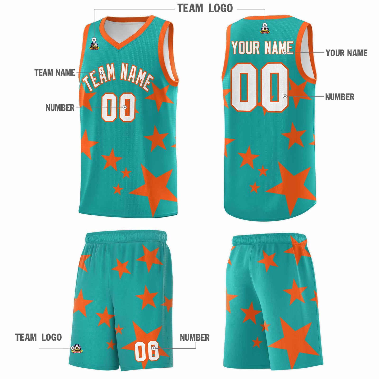 Custom Aqua Orange Graffiti Pattern Star Print Basketball Jersey Sets