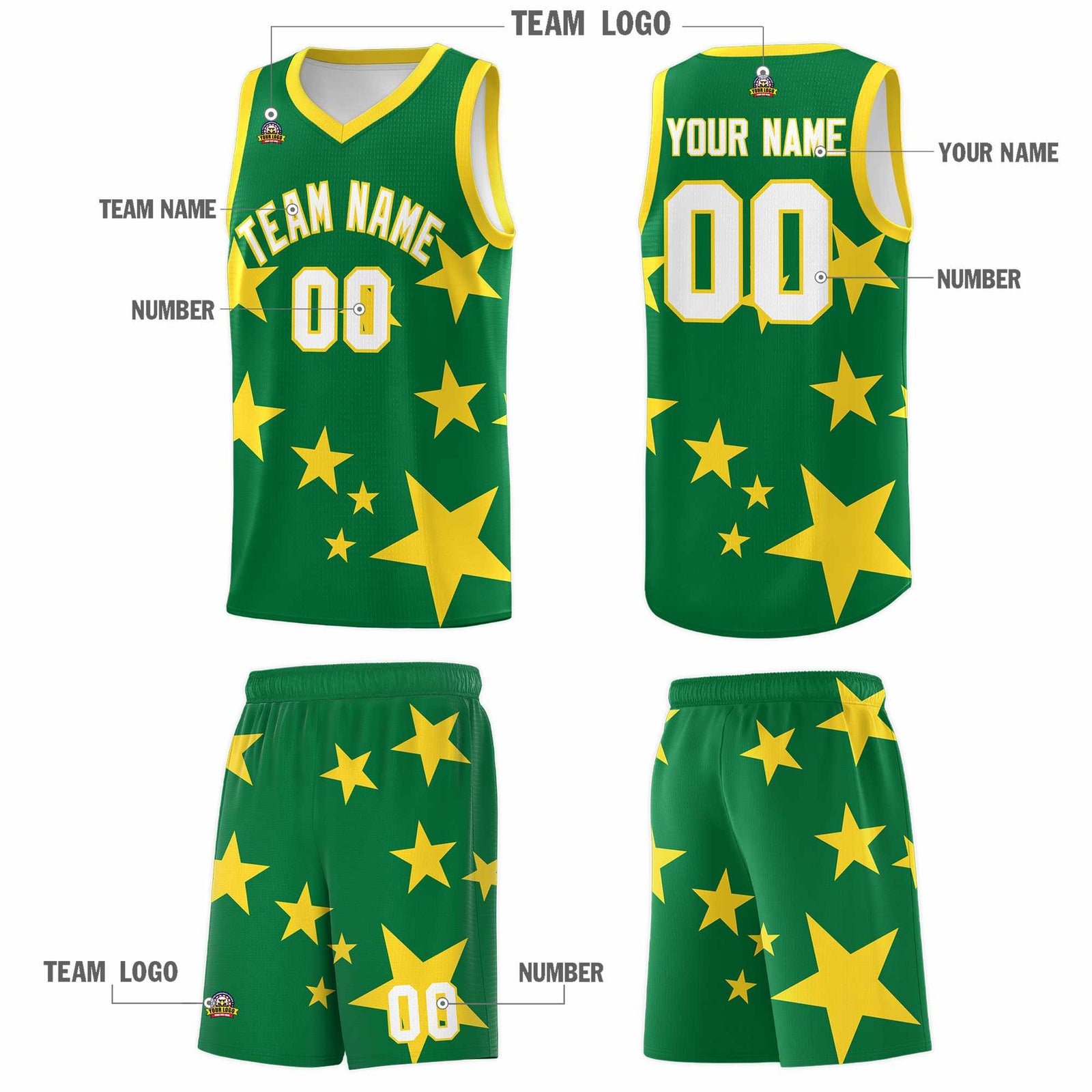Custom Kelly Green Gold Graffiti Pattern Star Print Basketball Jersey Sets