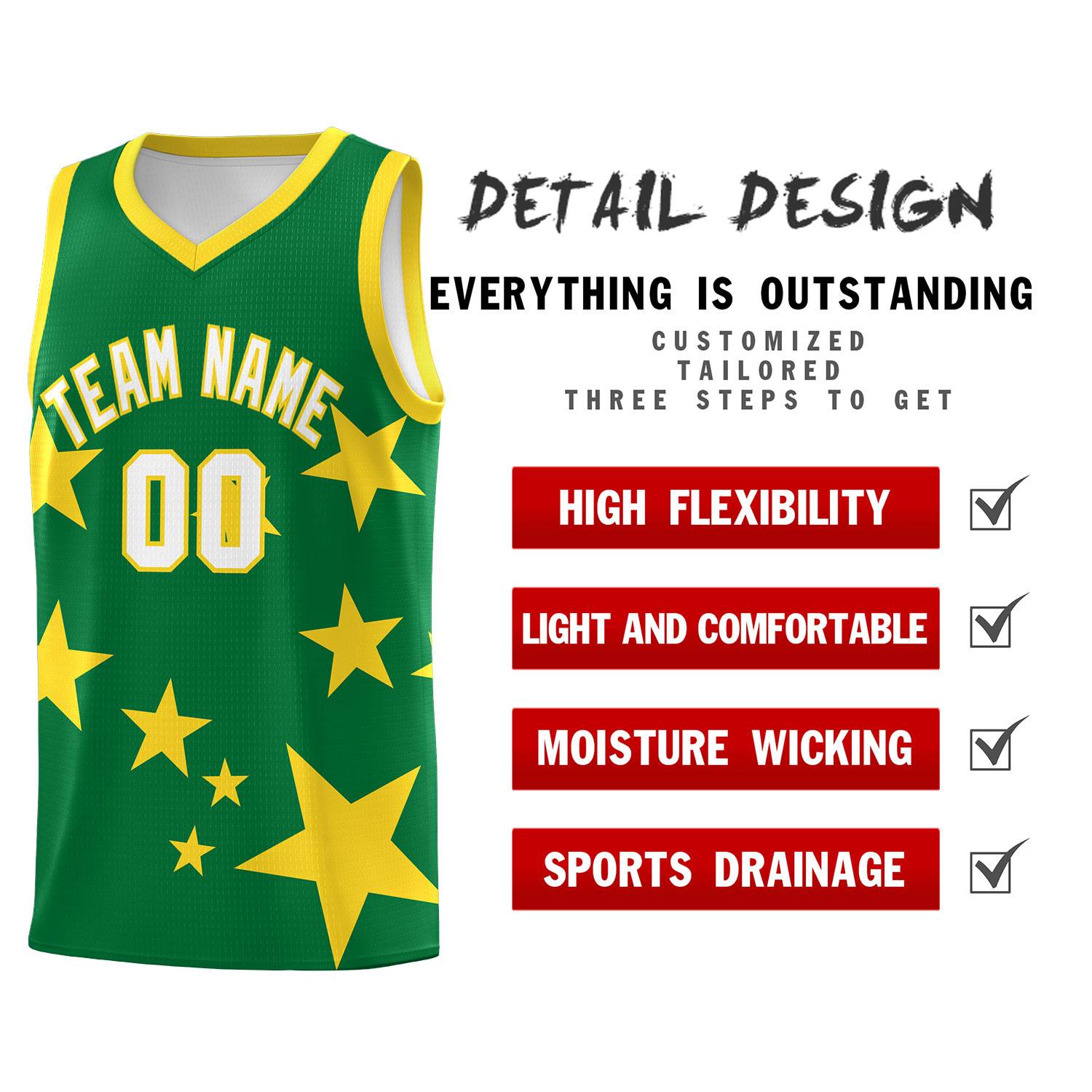 Custom Kelly Green Gold Graffiti Pattern Star Print Basketball Jersey Sets
