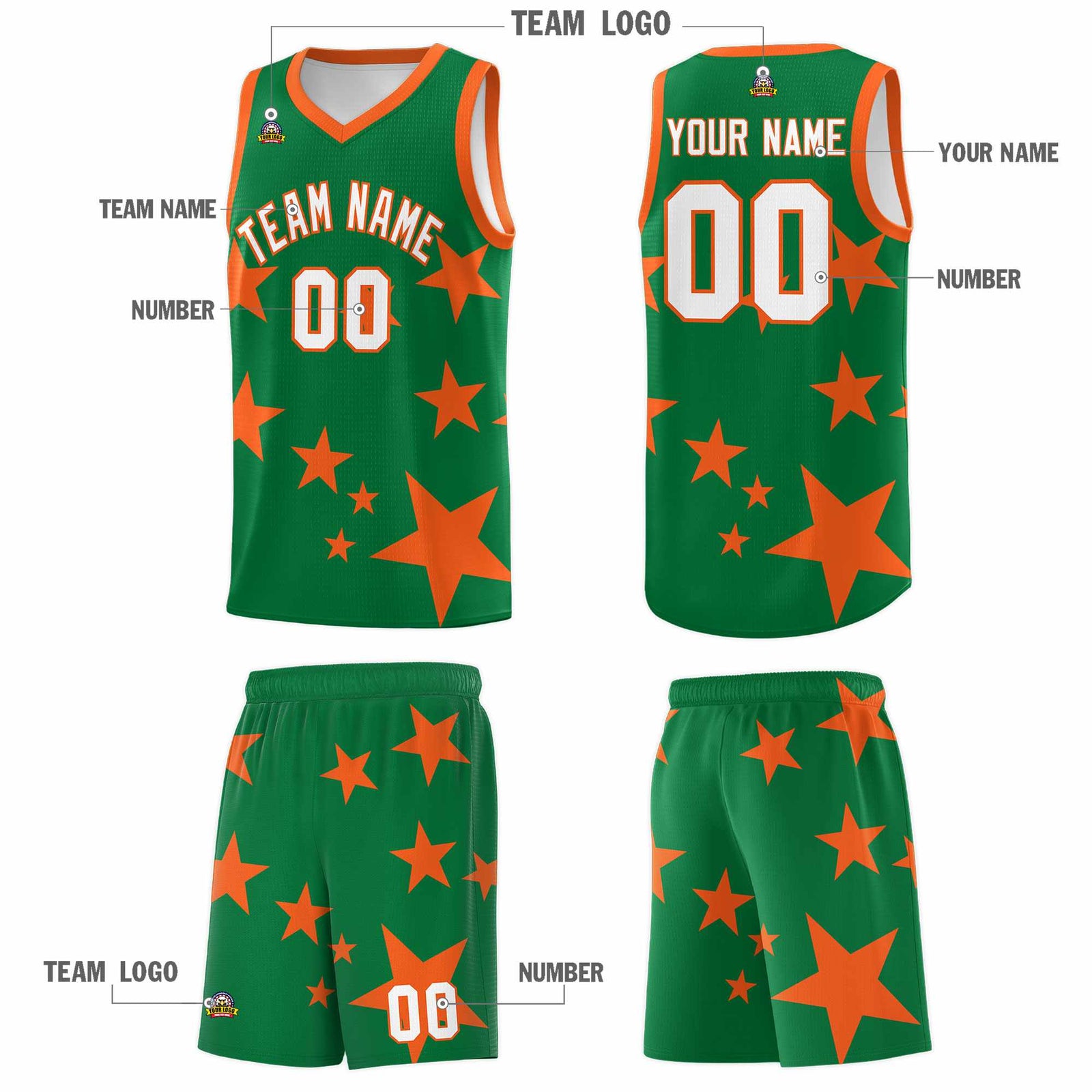 Custom Kelly Green Orange Graffiti Pattern Star Print Basketball Jersey Sets