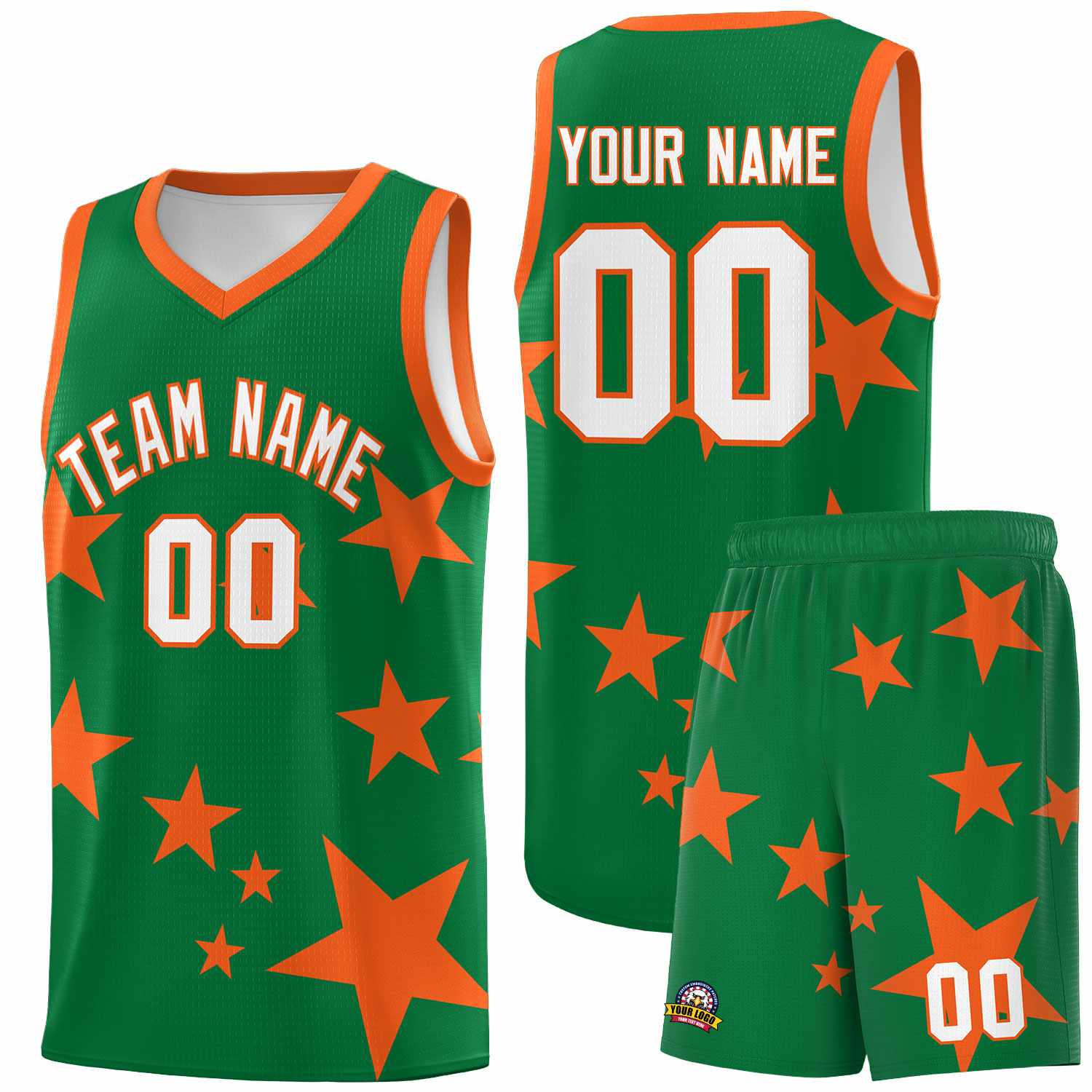 Custom Kelly Green Orange Graffiti Pattern Star Print Basketball Jersey Sets