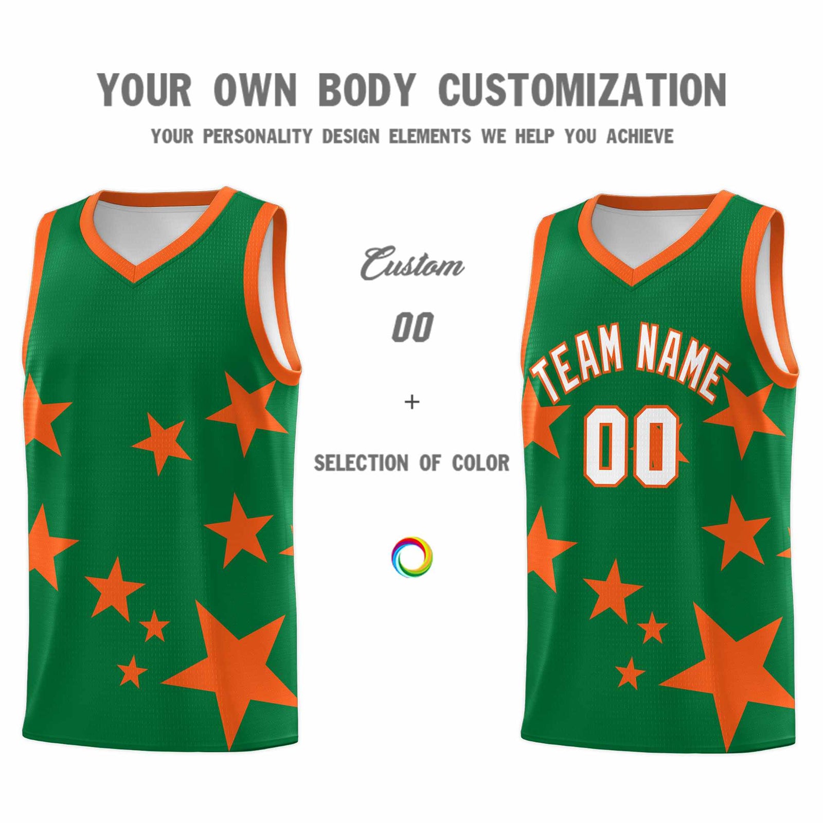 Custom Kelly Green Orange Graffiti Pattern Star Print Basketball Jersey Sets