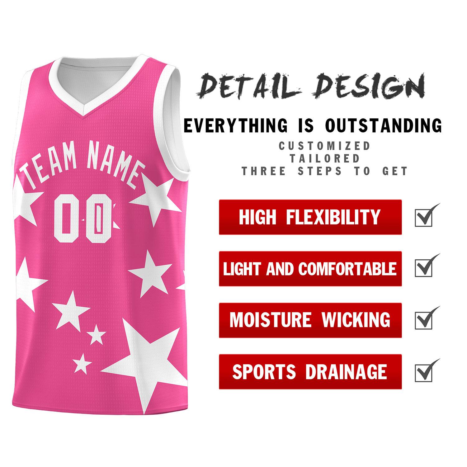Custom Pink White Graffiti Pattern Star Print Basketball Jersey Sets