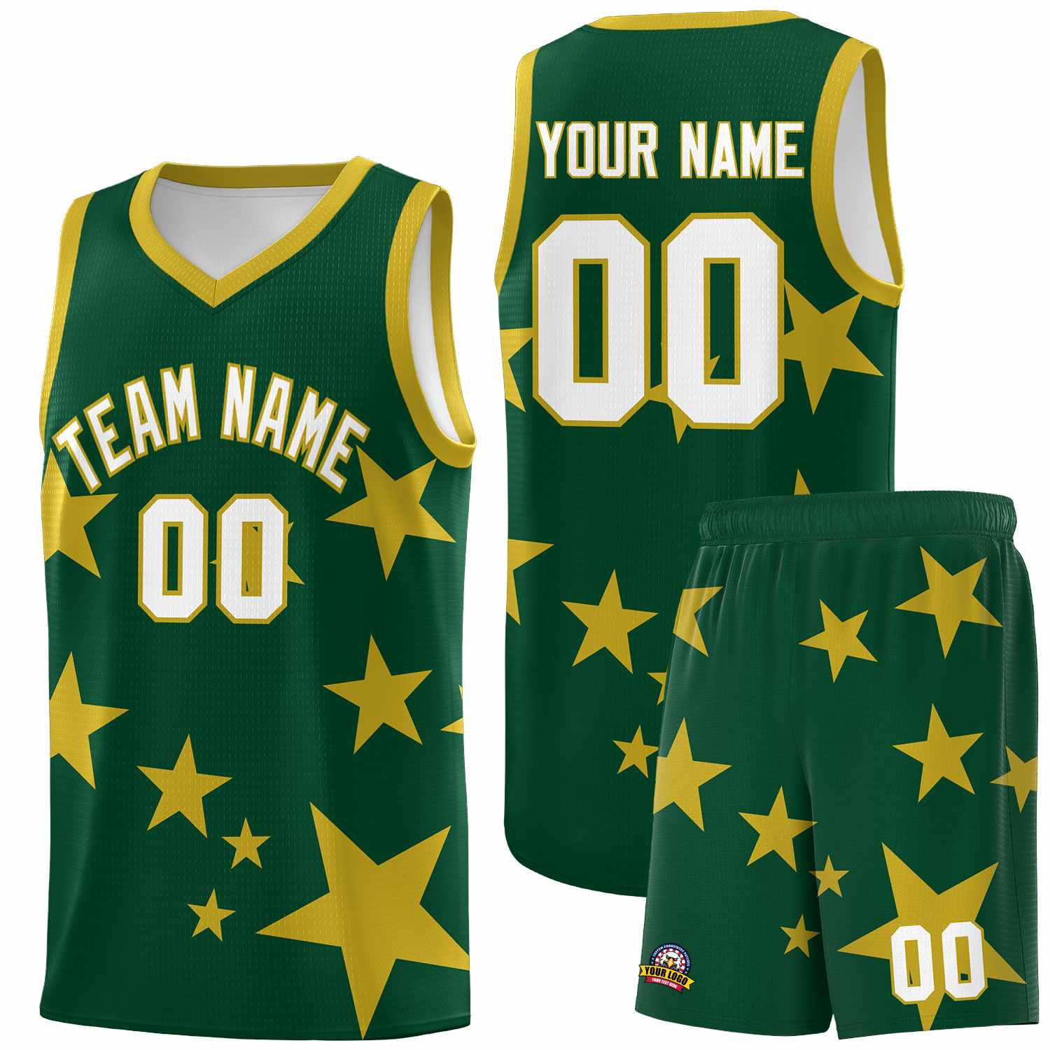 Custom Green Old Gold Graffiti Pattern Star Print Basketball Jersey Sets