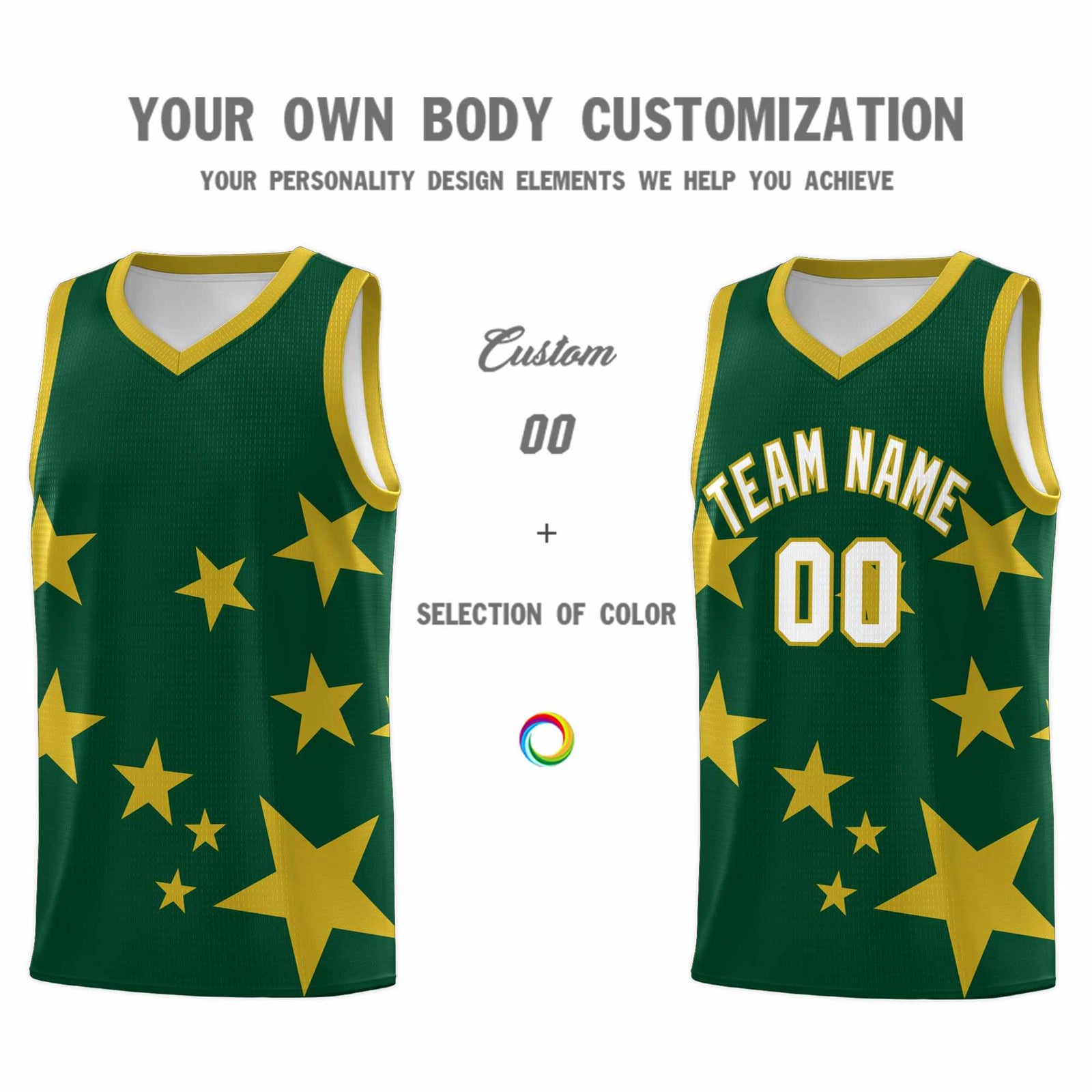 Custom Green Old Gold Graffiti Pattern Star Print Basketball Jersey Sets