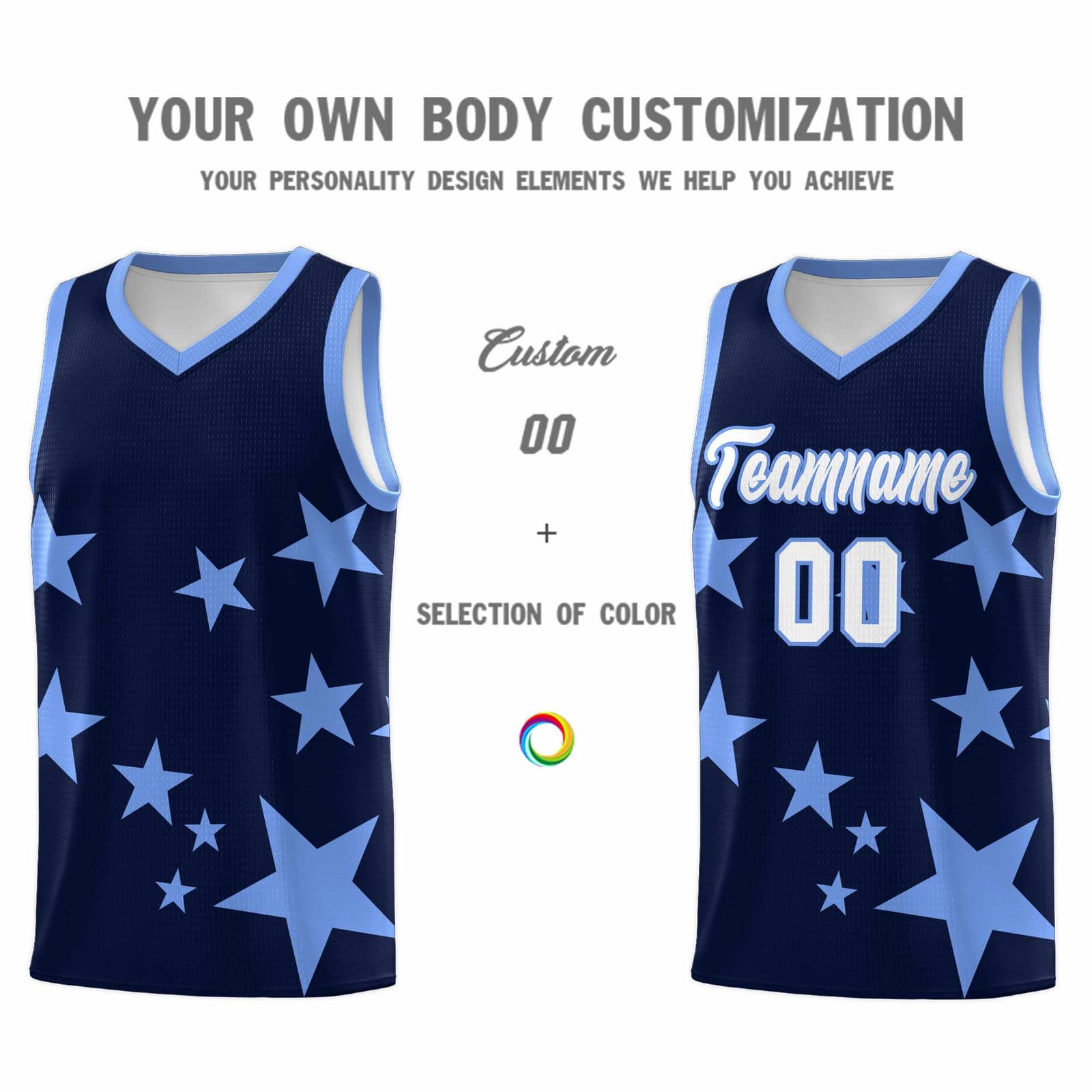 Custom Navy Light Blue Graffiti Pattern Star Print Basketball Jersey Sets
