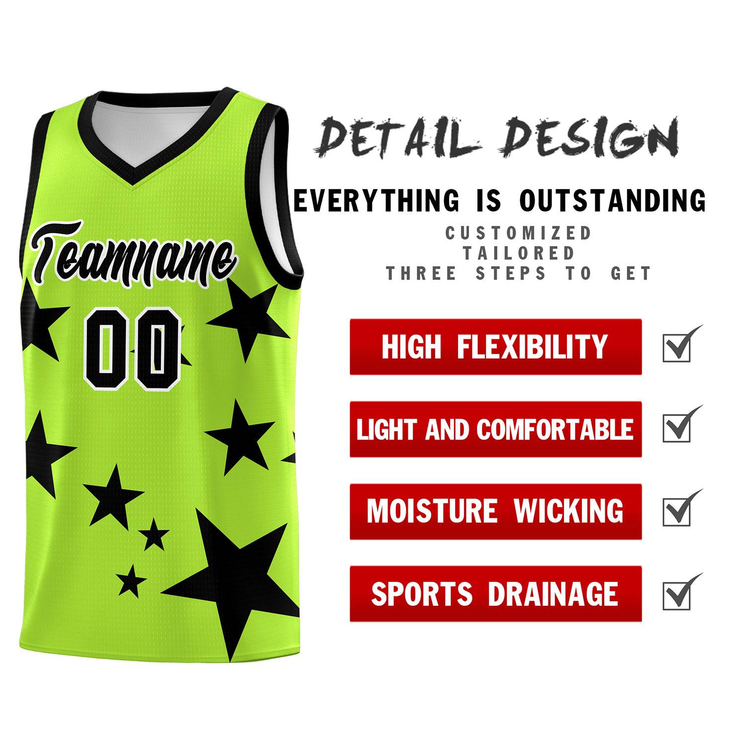 Custom Light Green Black Graffiti Pattern Star Print Basketball Jersey Sets