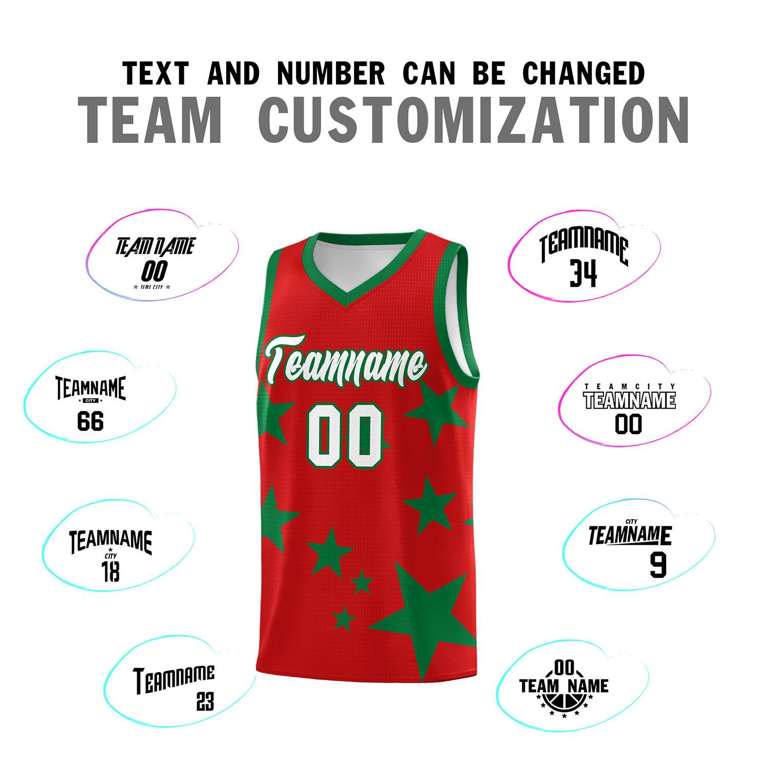 Custom Red Kelly Green Graffiti Pattern Star Print Basketball Jersey Sets