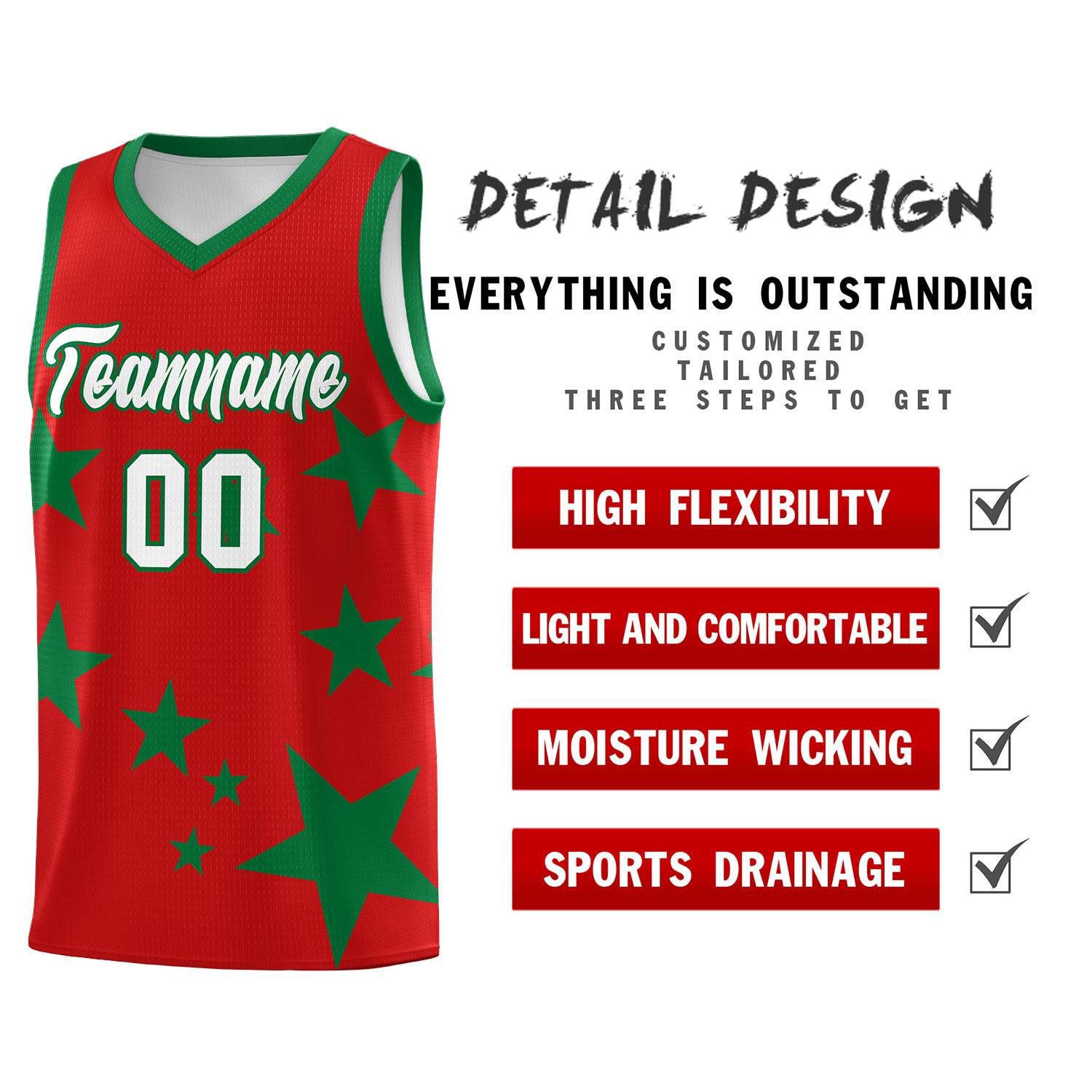 Custom Red Kelly Green Graffiti Pattern Star Print Basketball Jersey Sets