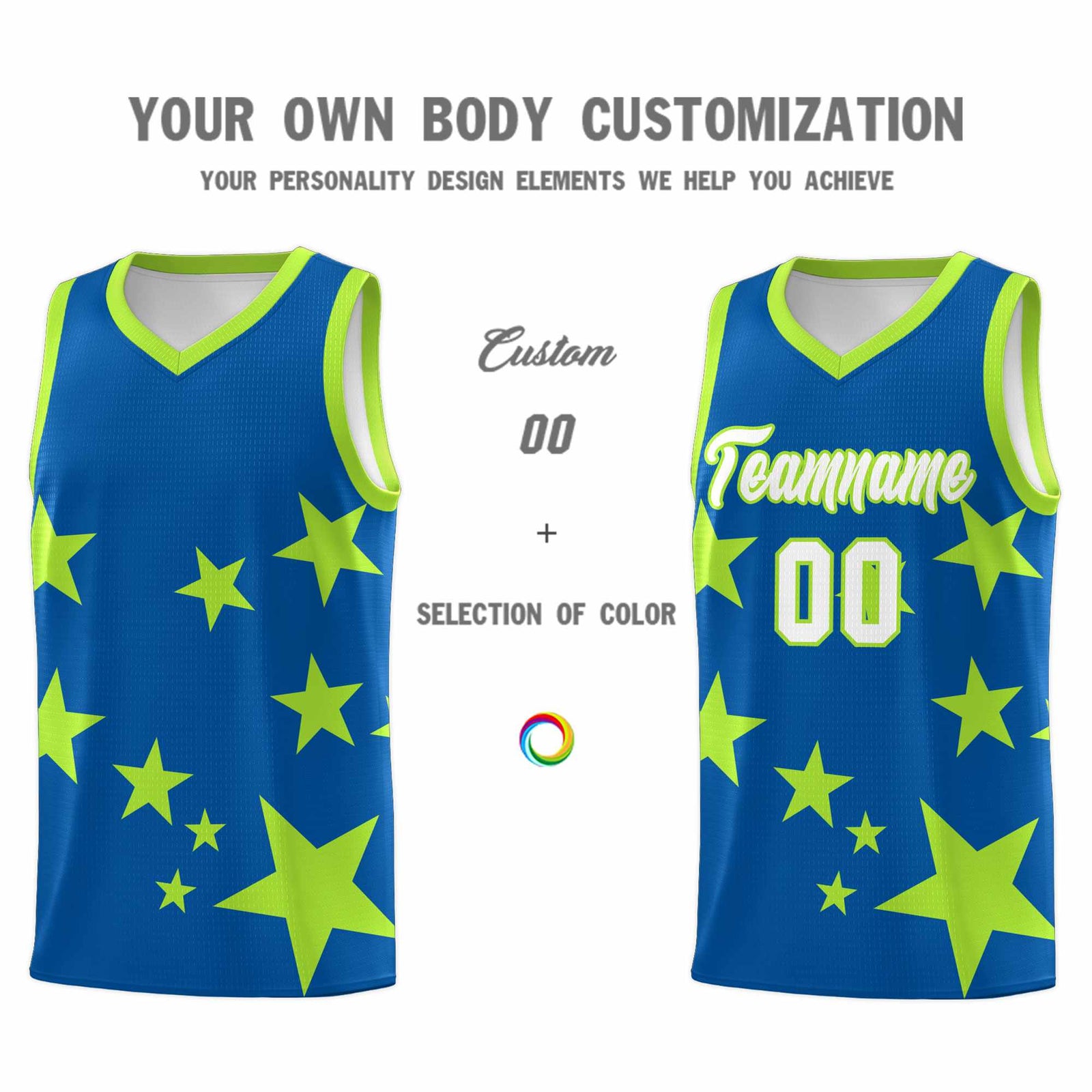 Custom Royal Light Green Graffiti Pattern Star Print Basketball Jersey Sets