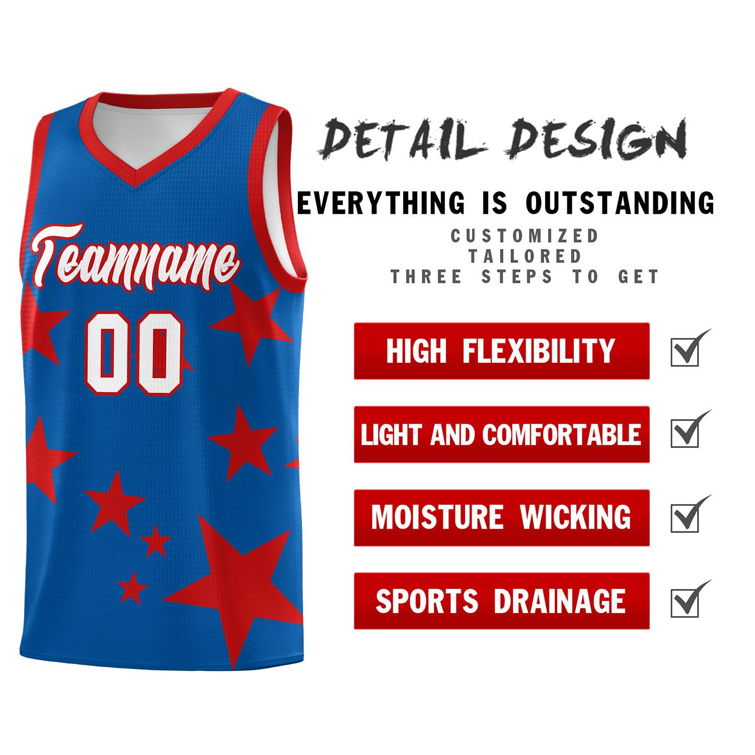 Custom Royal Red Graffiti Pattern Star Print Basketball Jersey Sets