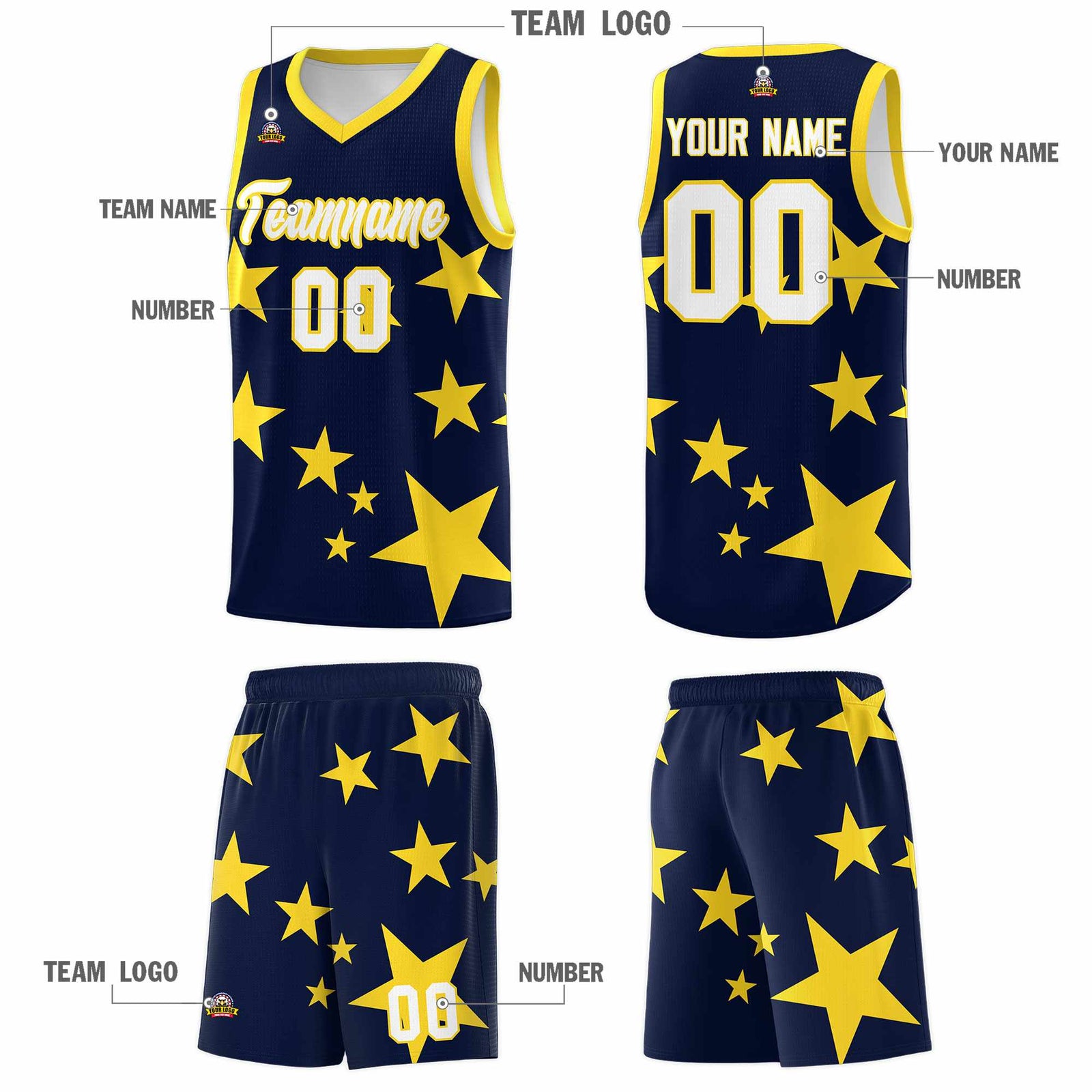 Custom Navy Gold Graffiti Pattern Star Print Basketball Jersey Sets