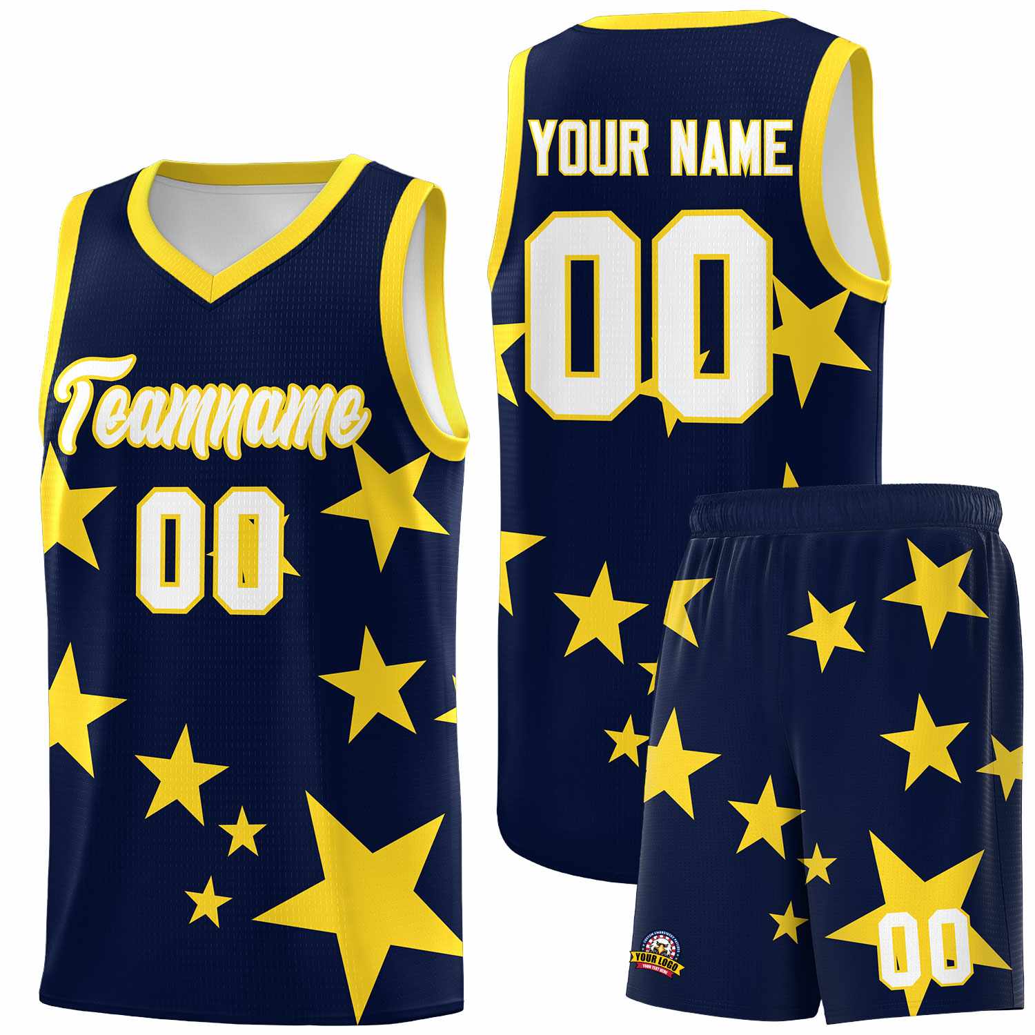 Custom Navy Gold Graffiti Pattern Star Print Basketball Jersey Sets