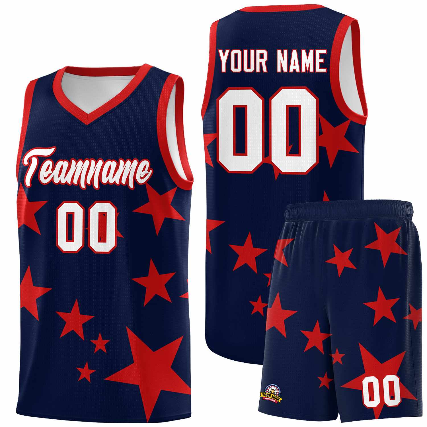 Custom Navy Red Graffiti Pattern Star Print Basketball Jersey Sets
