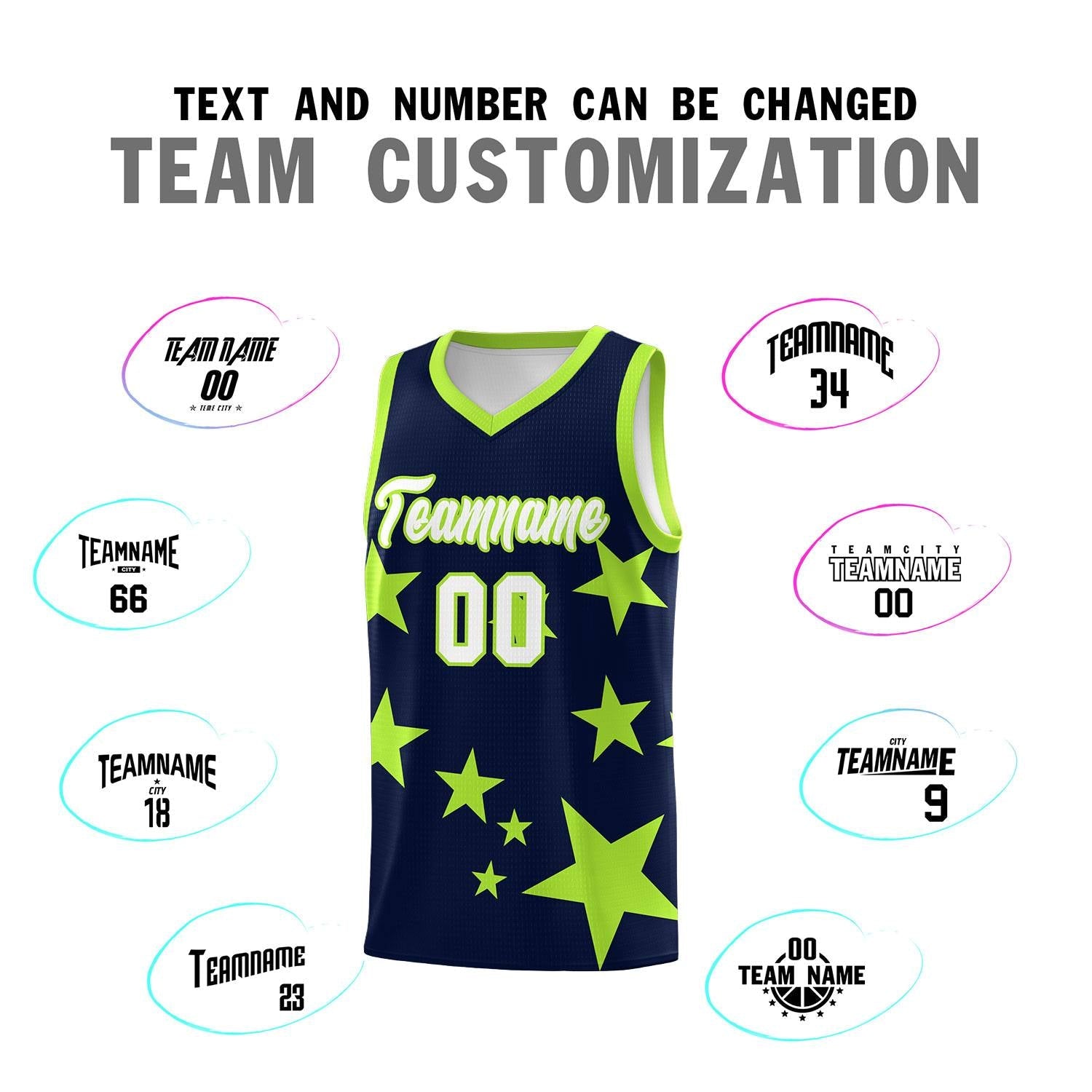 Custom Navy Light Green Graffiti Pattern Star Print Basketball Jersey Sets