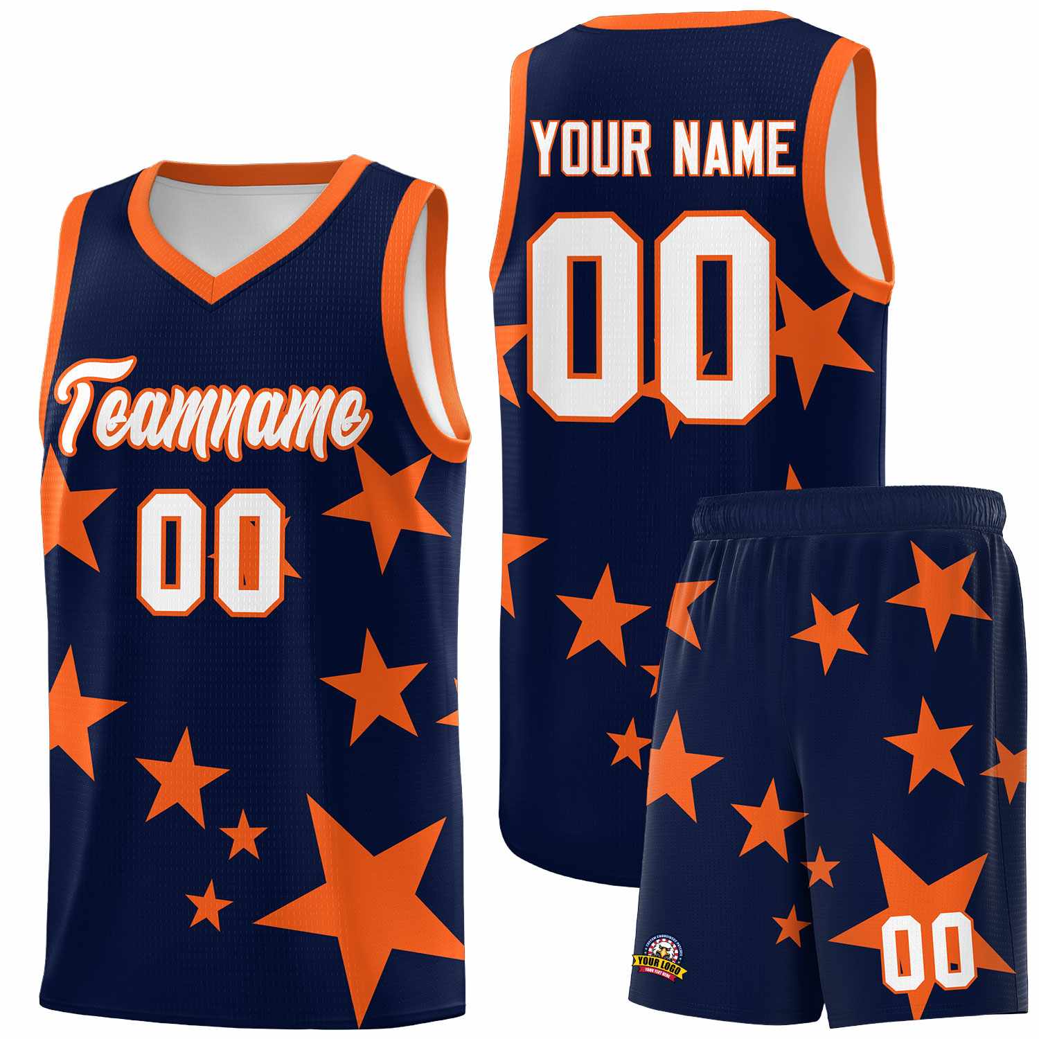 Custom Navy Orange Graffiti Pattern Star Print Basketball Jersey Sets