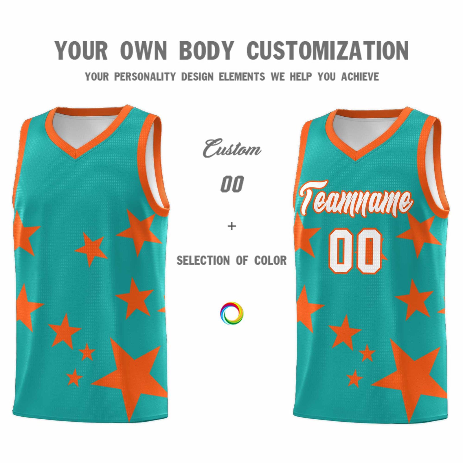 Custom Aqua Orange Graffiti Pattern Star Print Basketball Jersey Sets