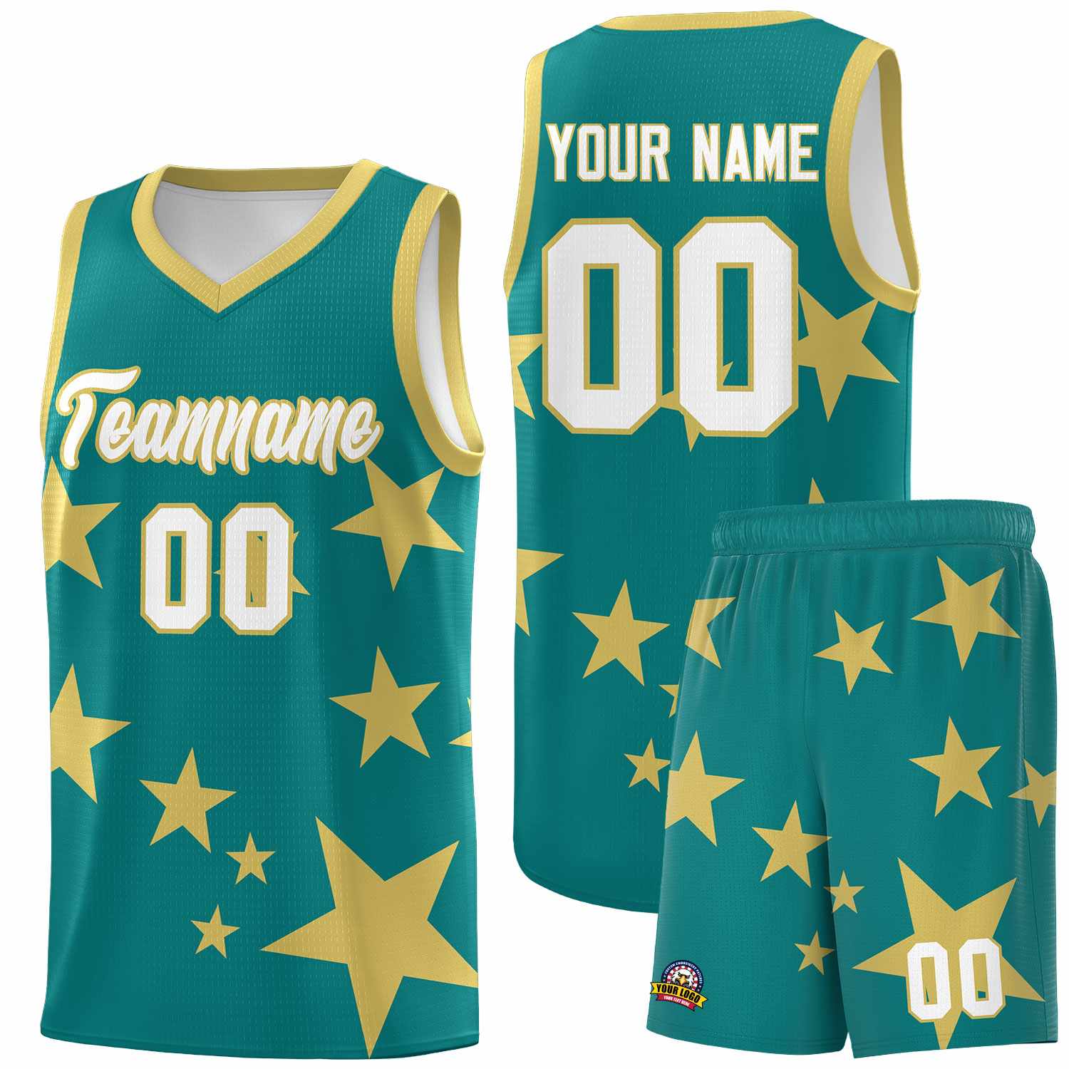 Custom Aqua Old Gold Graffiti Pattern Star Print Basketball Jersey Sets