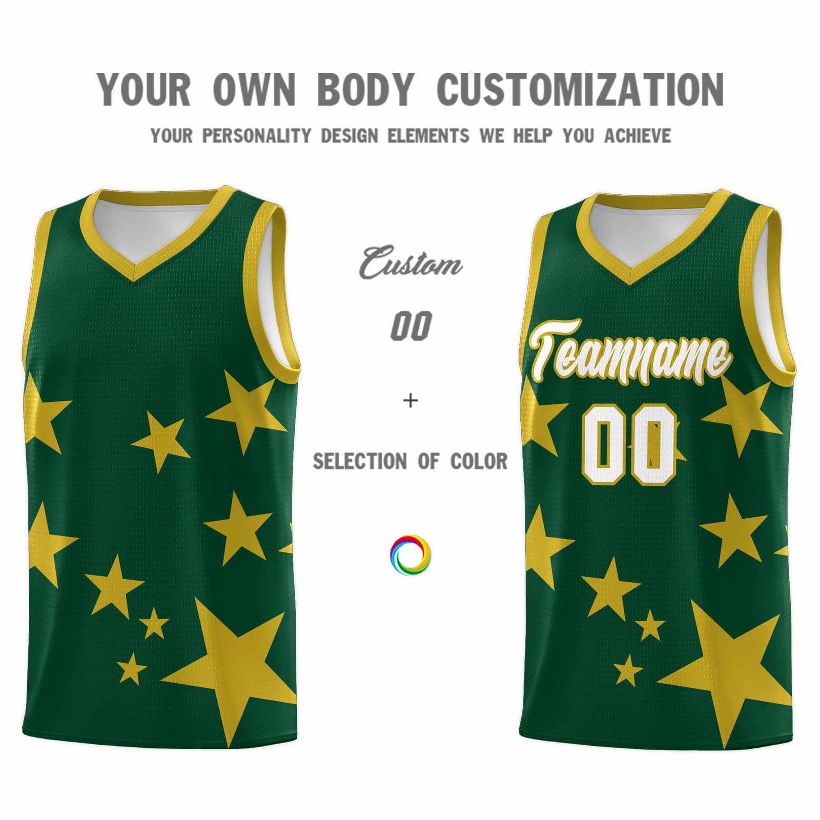 Custom Green Old Gold Graffiti Pattern Star Print Basketball Jersey Sets