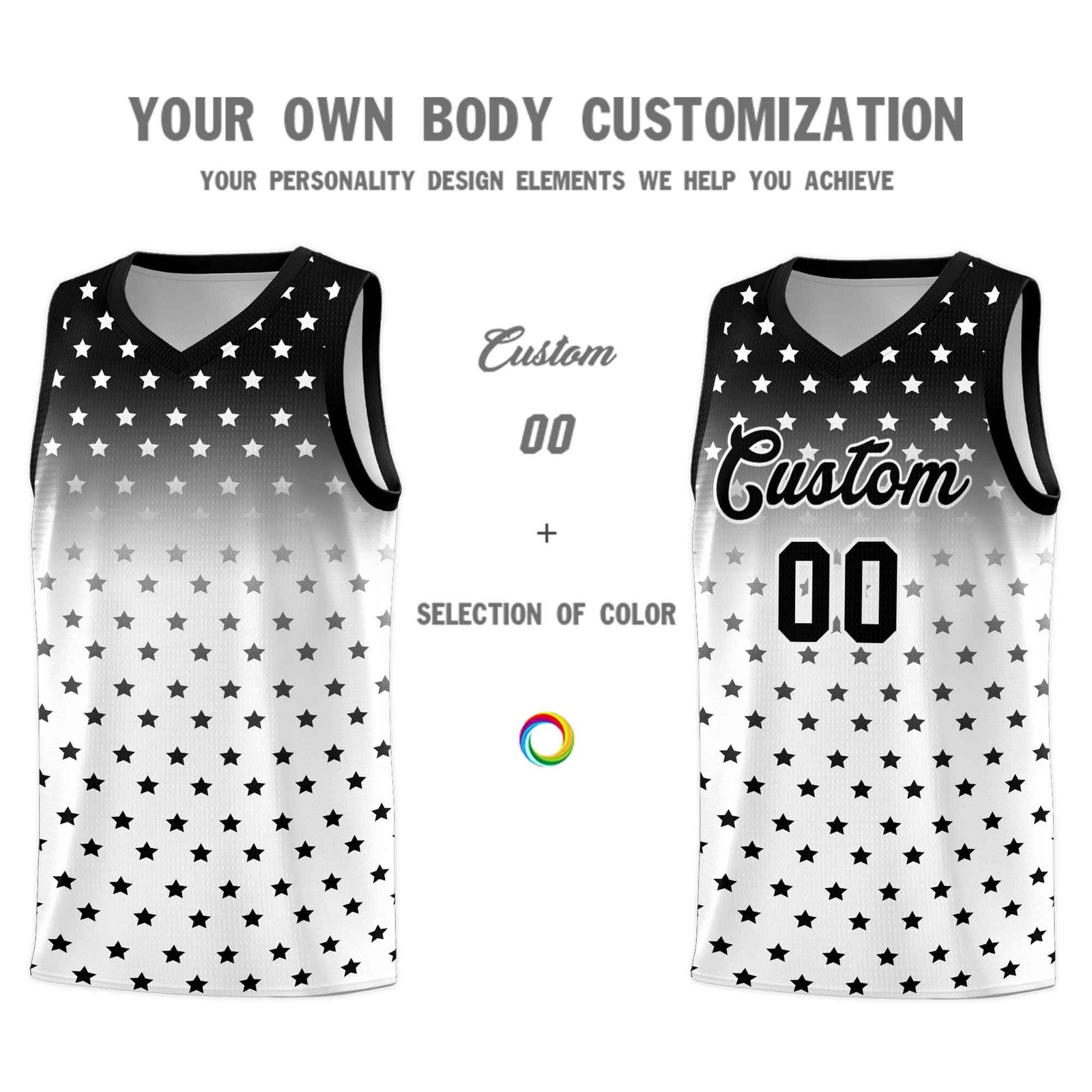 Custom Black White Gradient Start Pattern Basketball Jersey Sets
