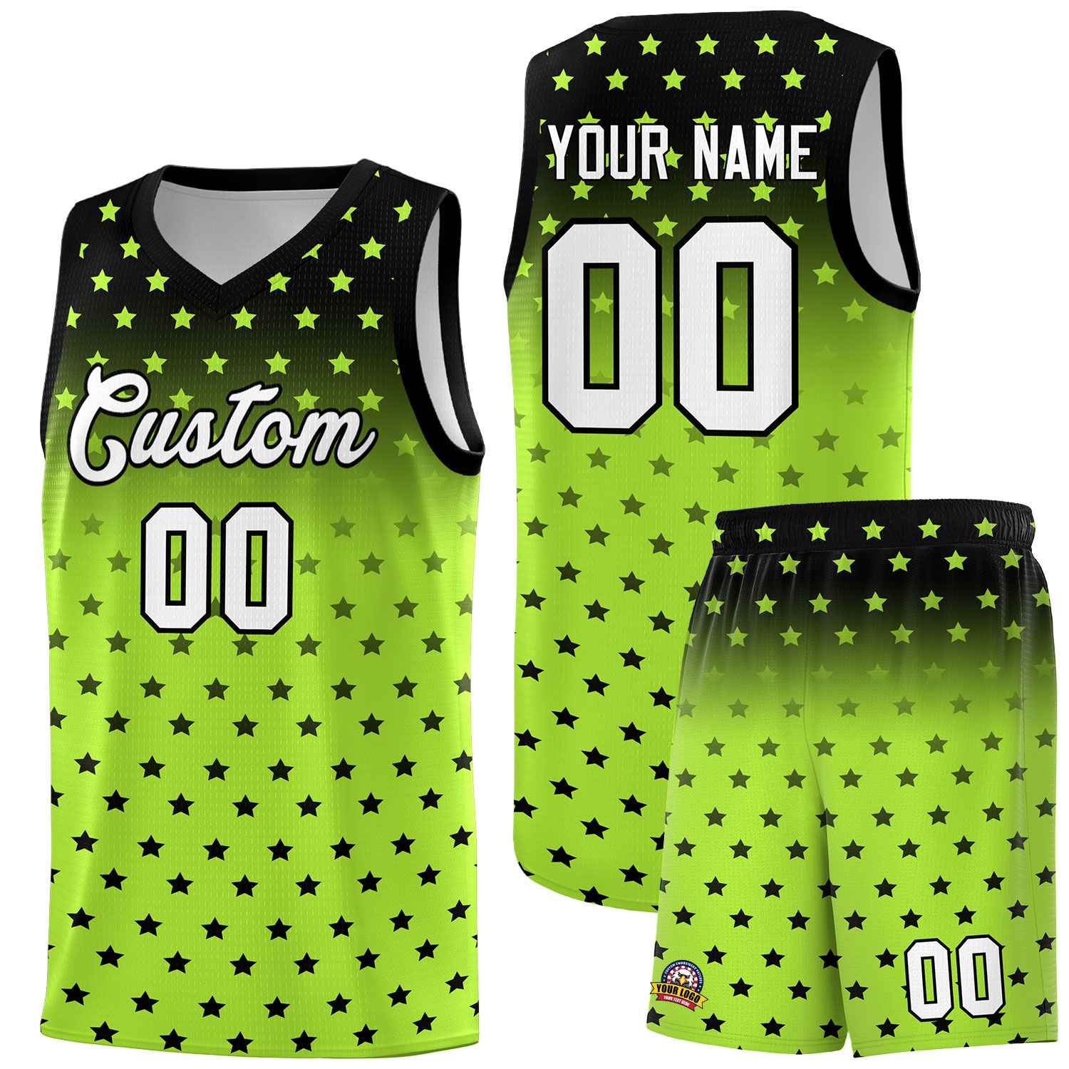 Custom Black Light Green Gradient Start Pattern Basketball Jersey Sets