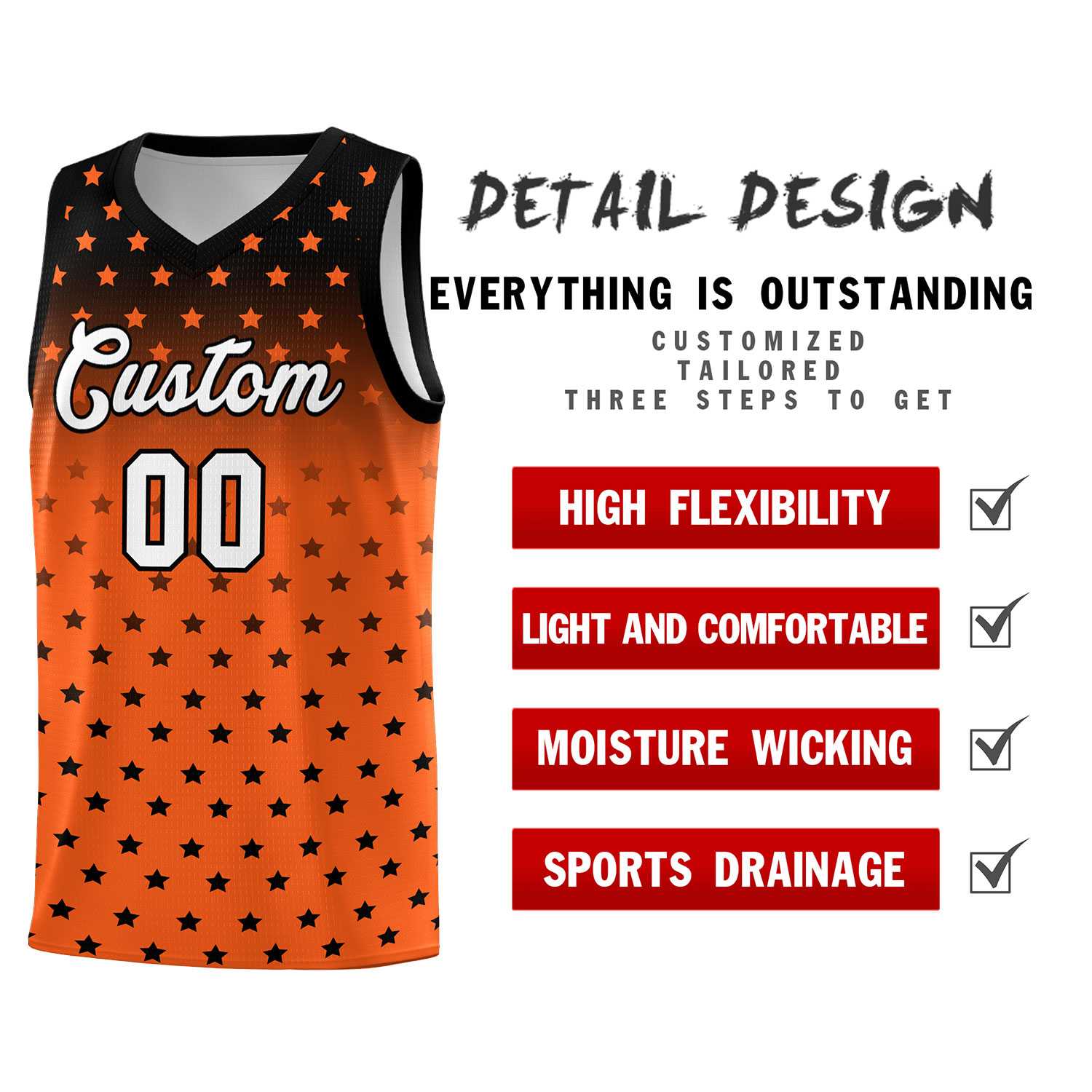 Custom Black Orange Gradient Start Pattern Basketball Jersey Sets