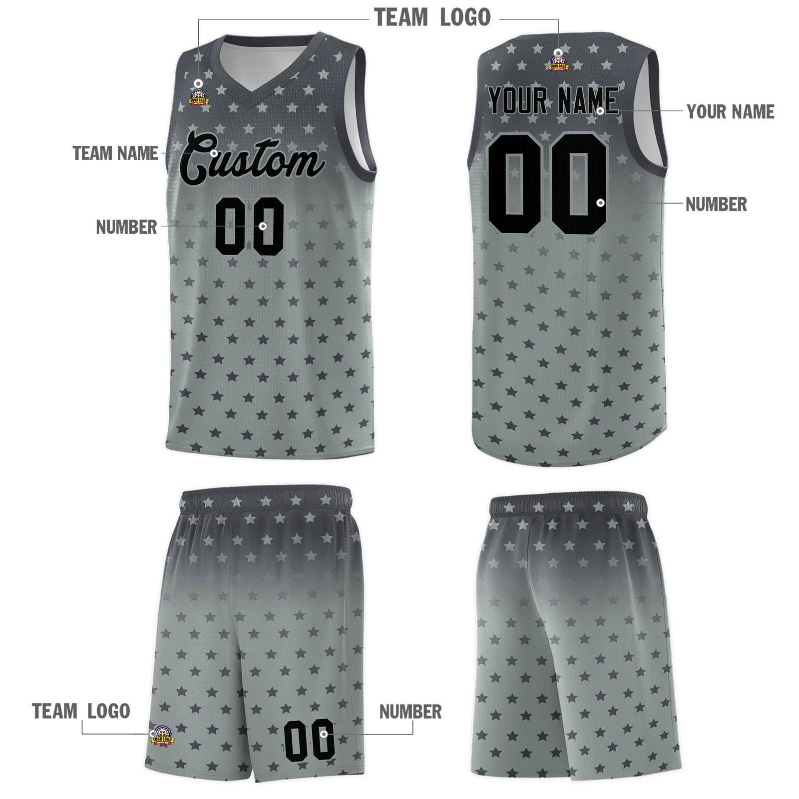 Custom Dark Gray Silver Gradient Start Pattern Basketball Jersey Sets