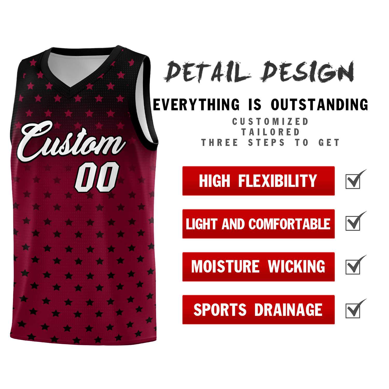 Custom Black Crimson Gradient Start Pattern Basketball Jersey Sets