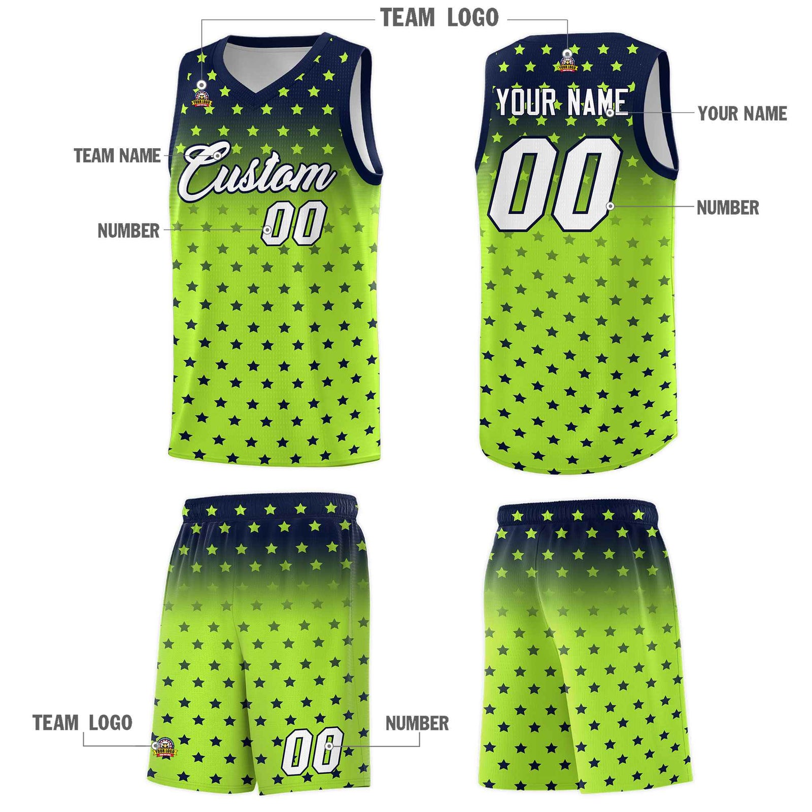 Custom Navy Light Green Gradient Start Pattern Basketball Jersey Sets