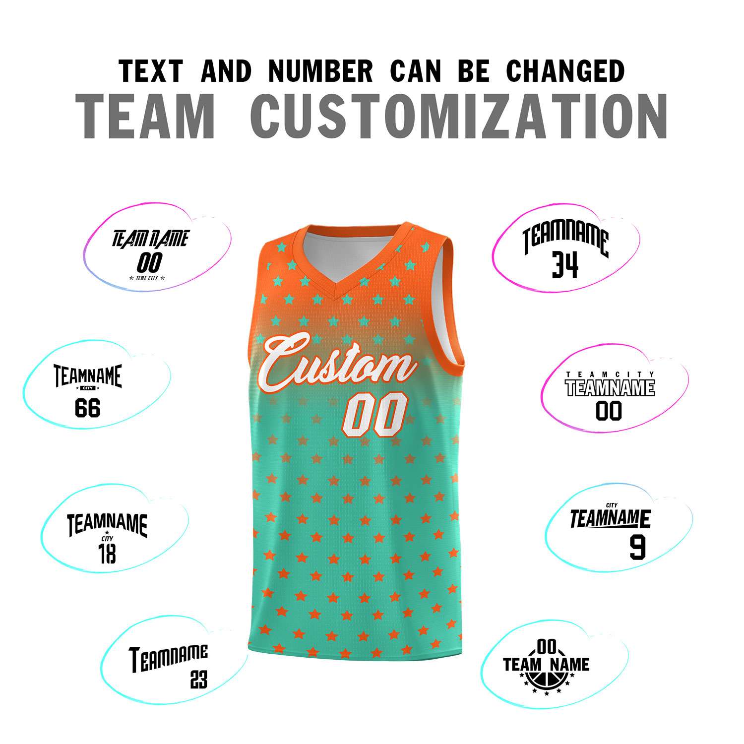Custom Orange Aqua Gradient Start Pattern Basketball Jersey Sets