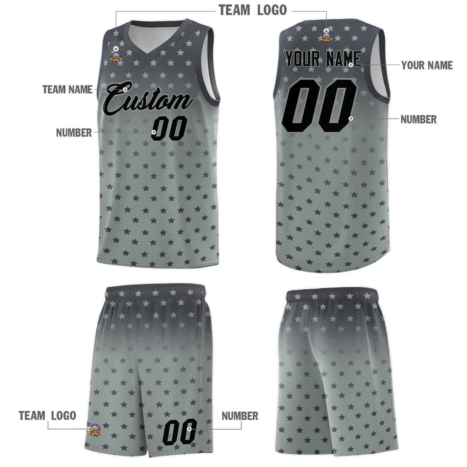 Custom Dark Gray Silver Gradient Start Pattern Basketball Jersey Sets