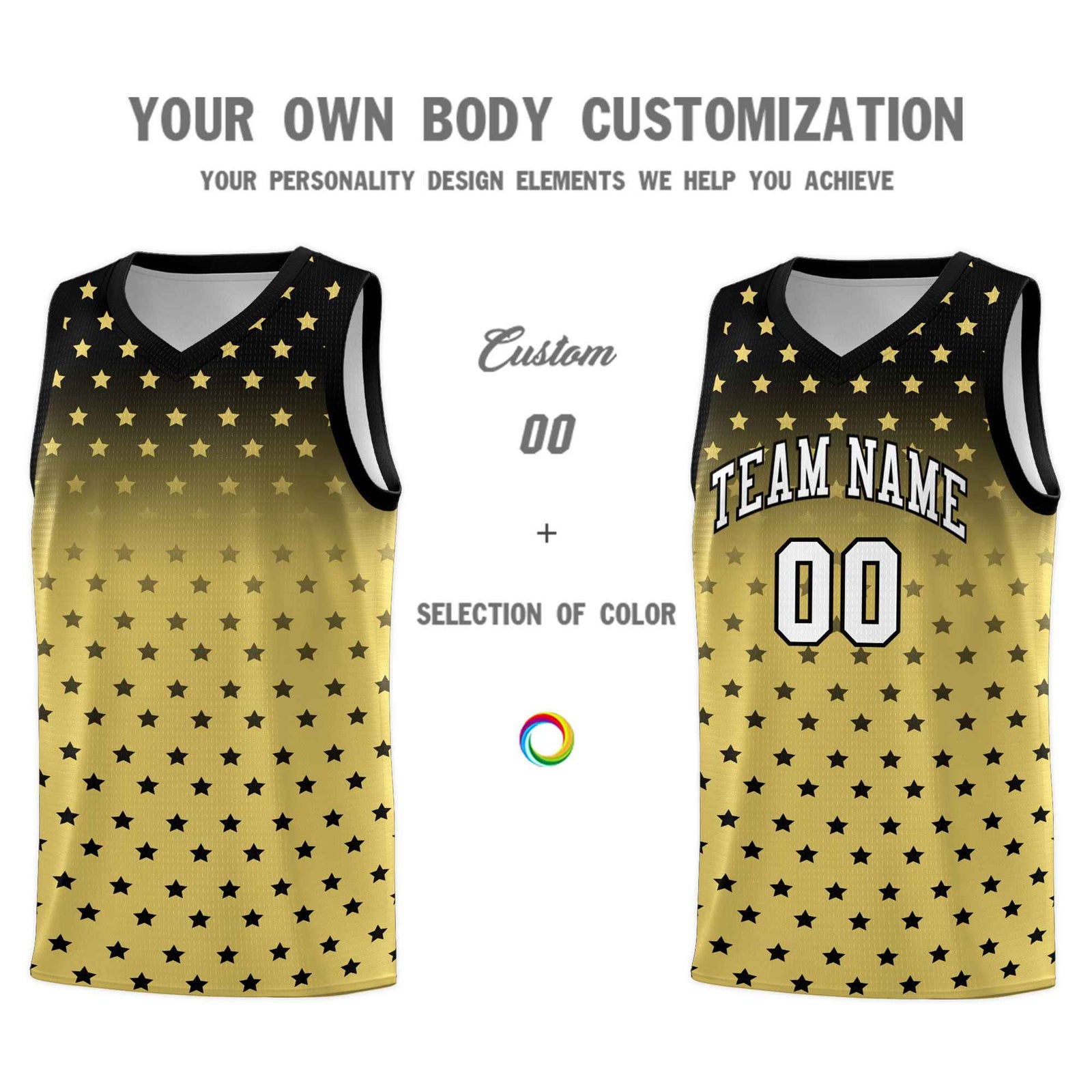 Custom Black Old Gold Gradient Start Pattern Basketball Jersey Sets