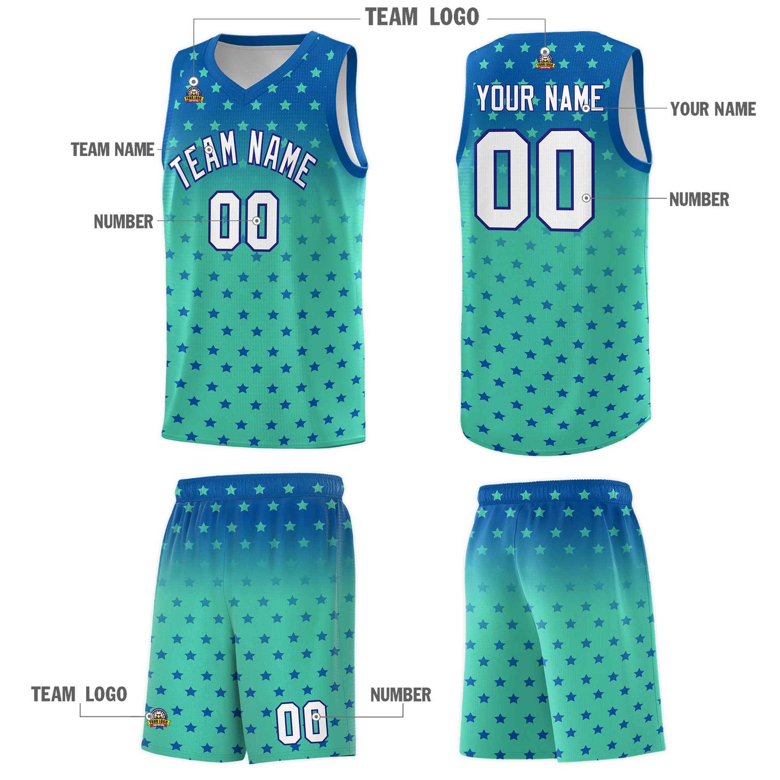 Custom Royal Bright Green Gradient Start Pattern Basketball Jersey Sets