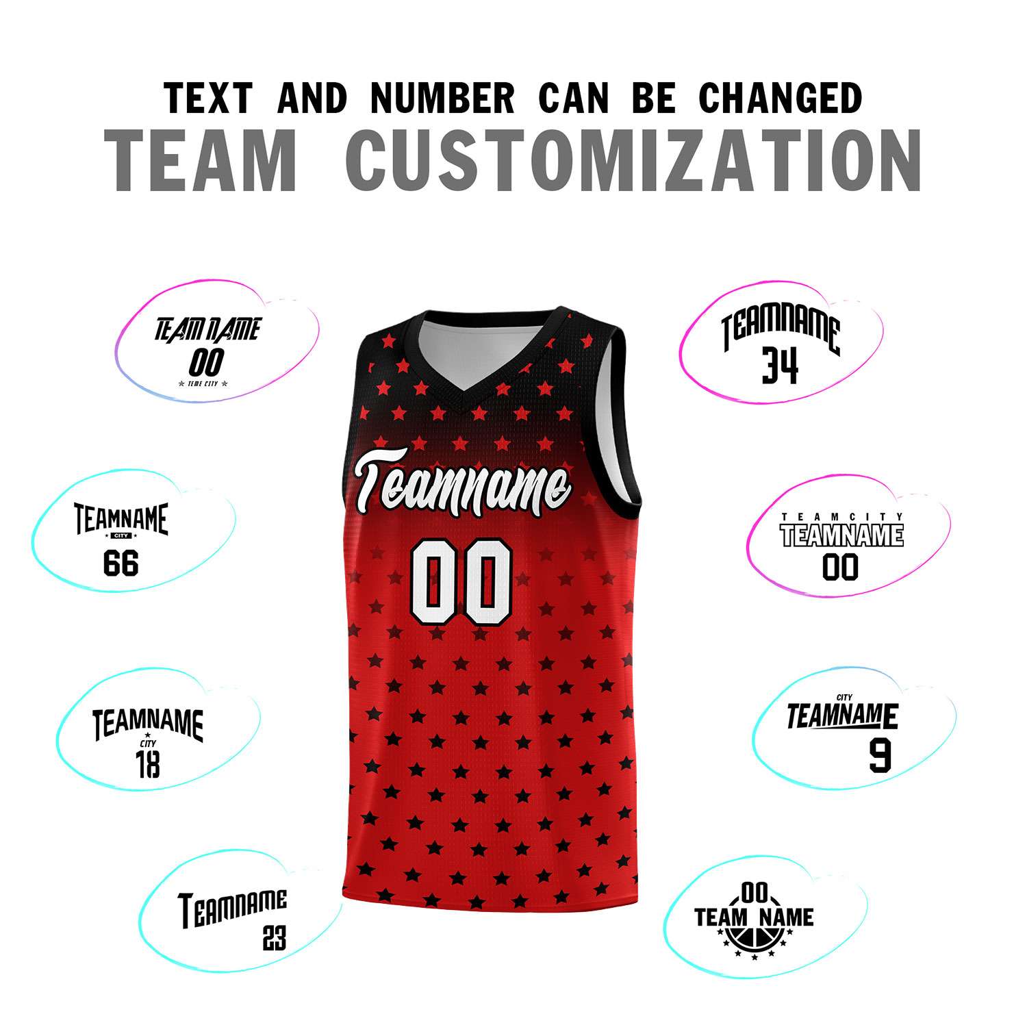 Custom Black Red Gradient Start Pattern Basketball Jersey Sets